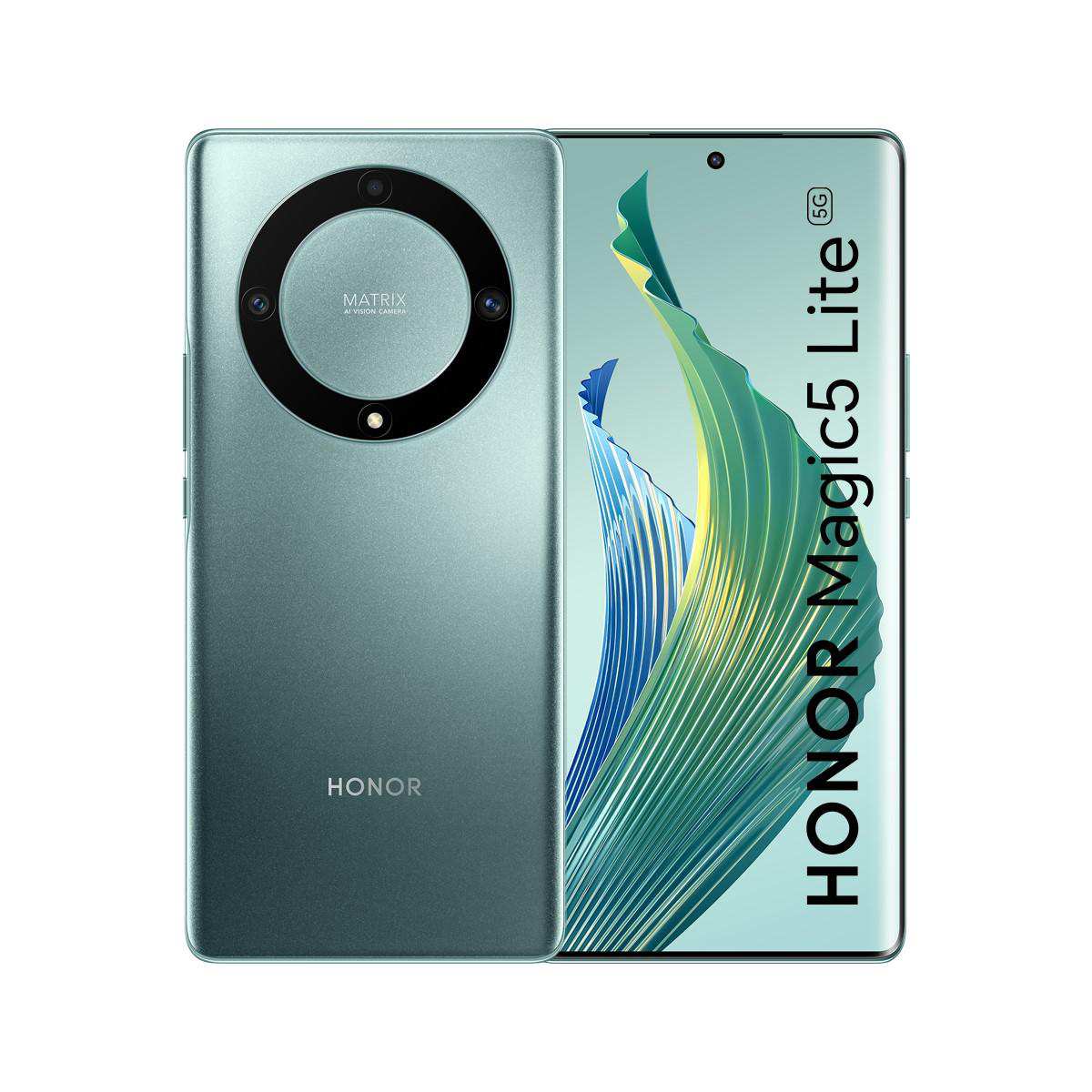 Honor Magic5 Lite 5G Smartphone, mintgrün, zeigt sein Design.