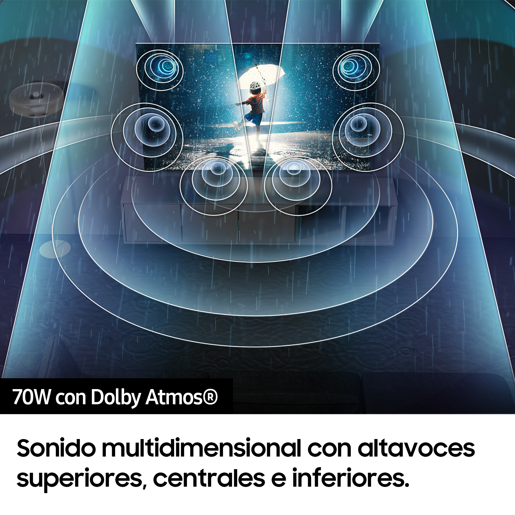 TV mostrando una escena con una persona con paraguas, con visuales Dolby Atmos.