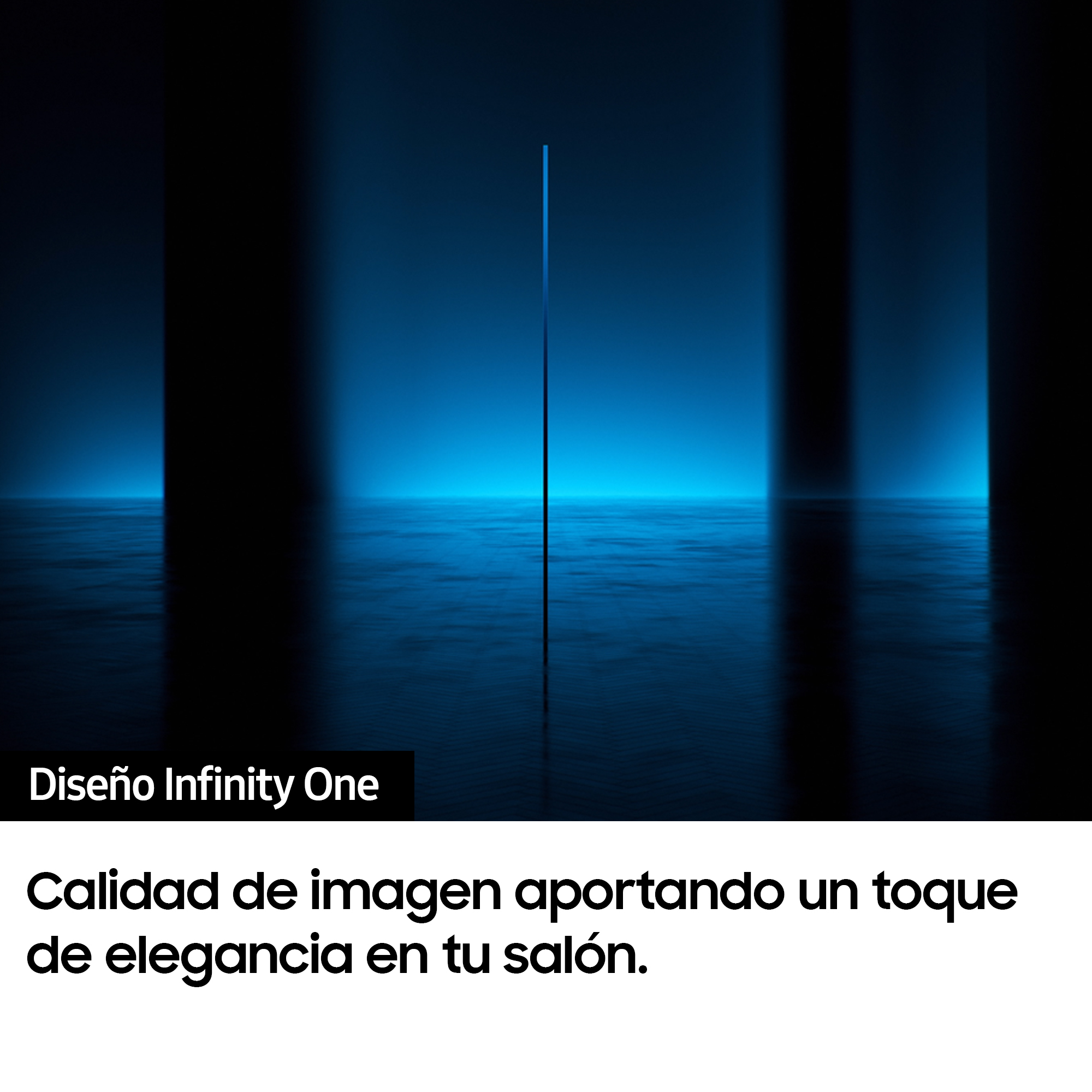 Habitación iluminada en azul con una línea azul vertical. Texto en español.