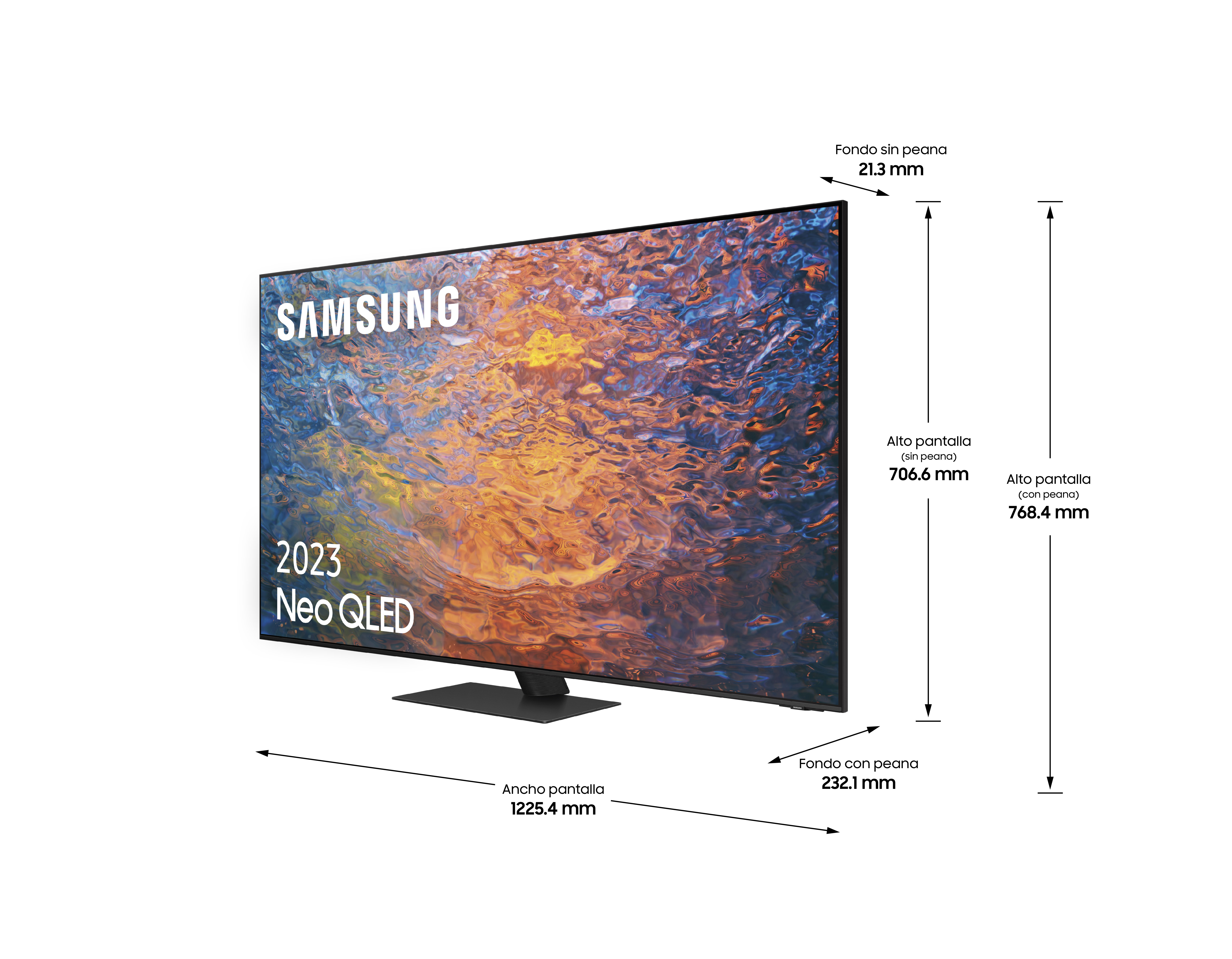TV Samsung Neo QLED con dimensiones, soporte y fondo negros, pantalla brillante.