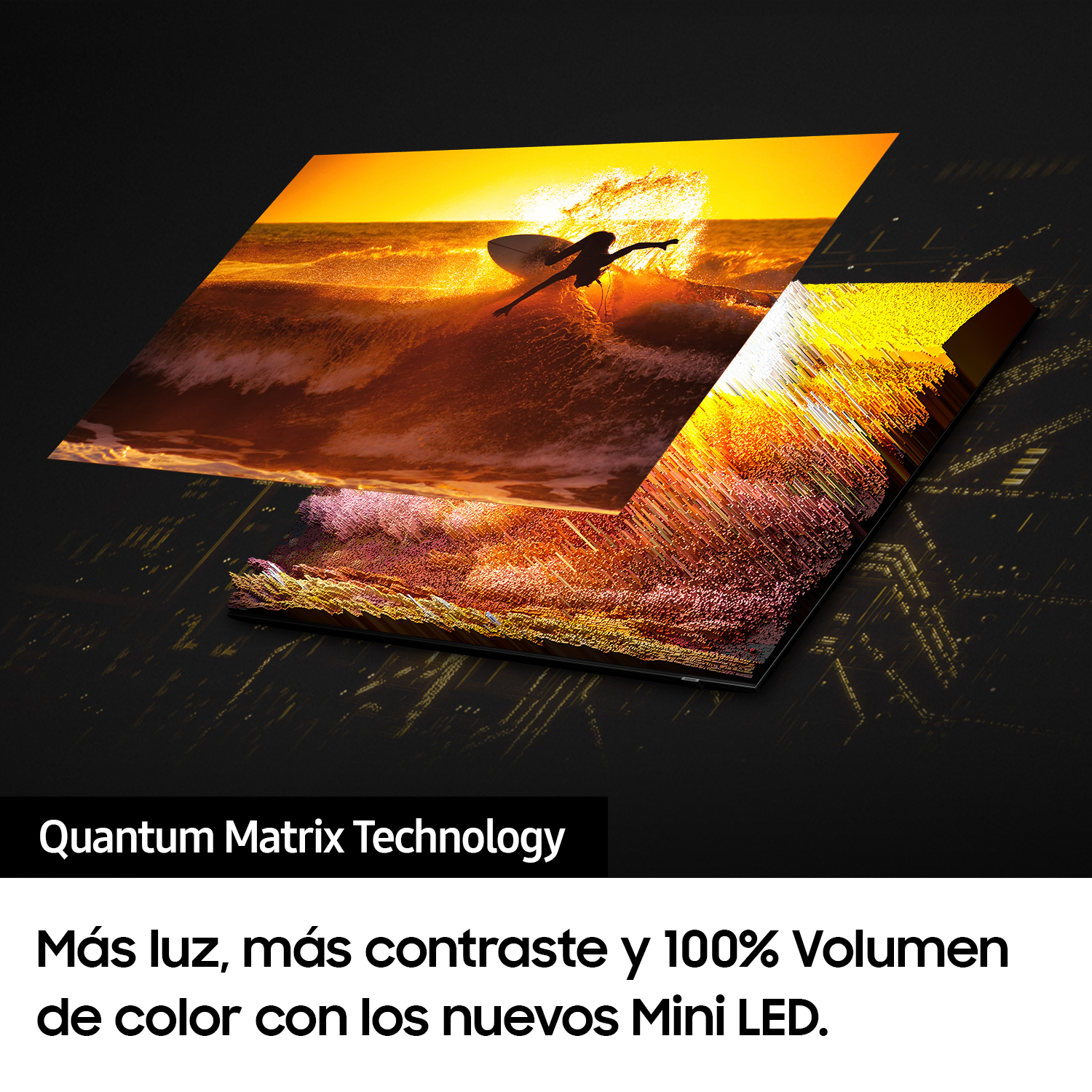 Una imagen que muestra una pantalla de TV con un surfista en una ola y texto sobre la tecnología de volumen de color.