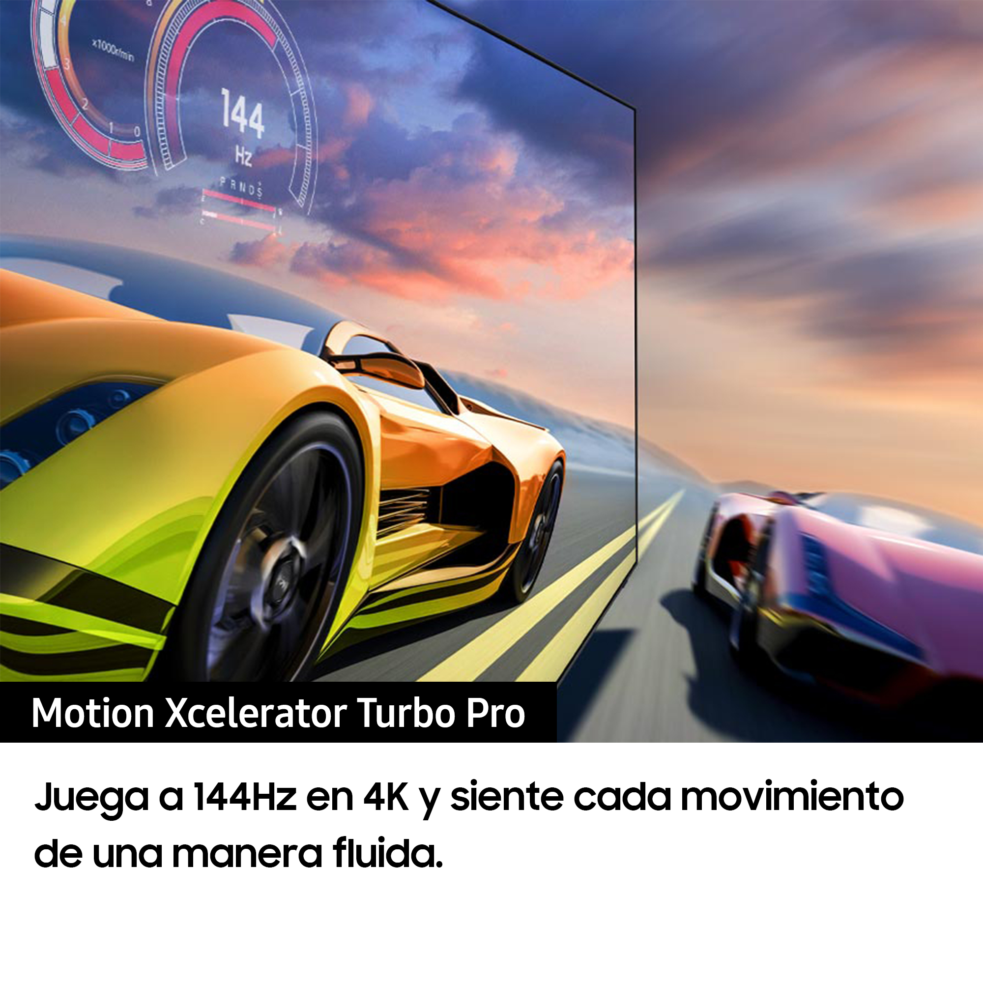Un monitor de juegos mostrando un juego de carreras, con coches e indicadores de velocidad.