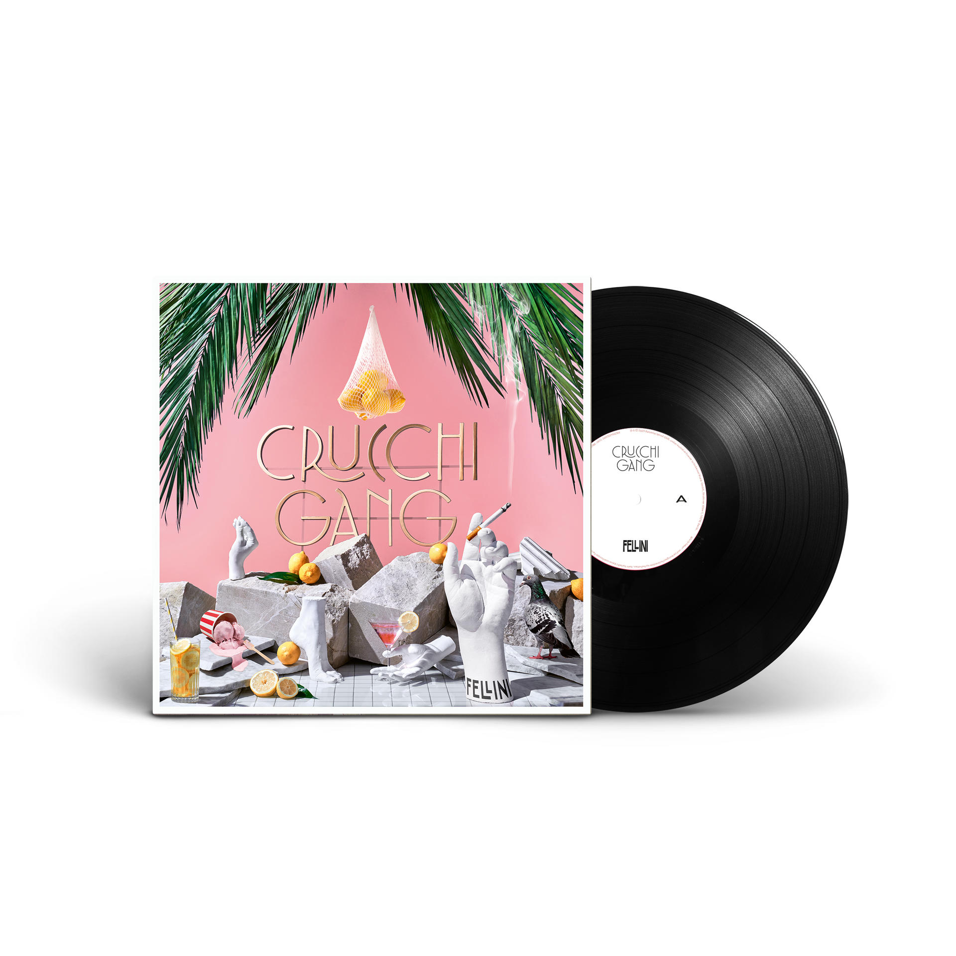 Albumcover von CRUCCI GANG mit Vinyl-Schallplatte. Pinker Hintergrund mit künstlerischen Elementen.