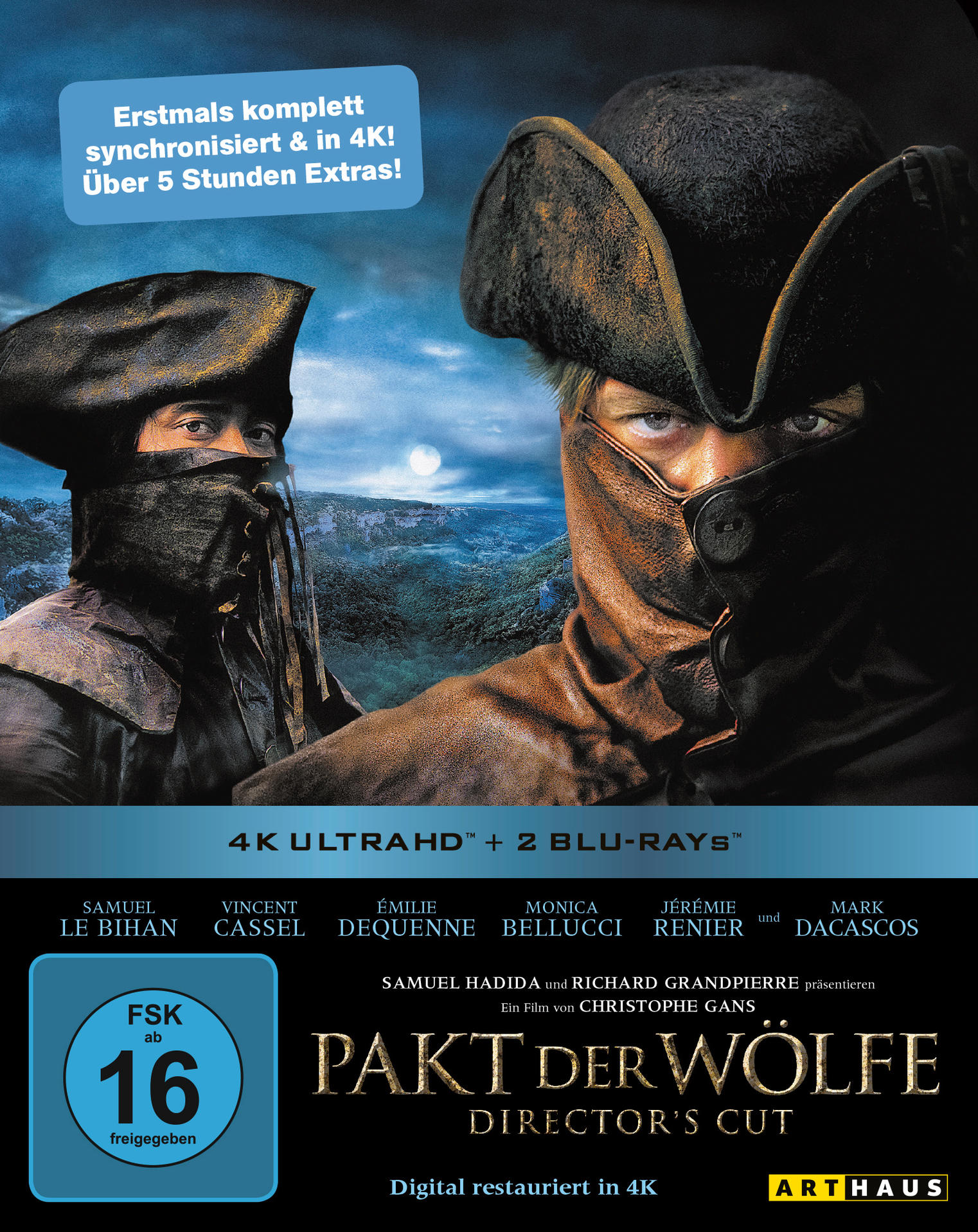 Filmposter für 'Pakt der Wölfe'. Zwei maskierte Personen. Text auf Deutsch.