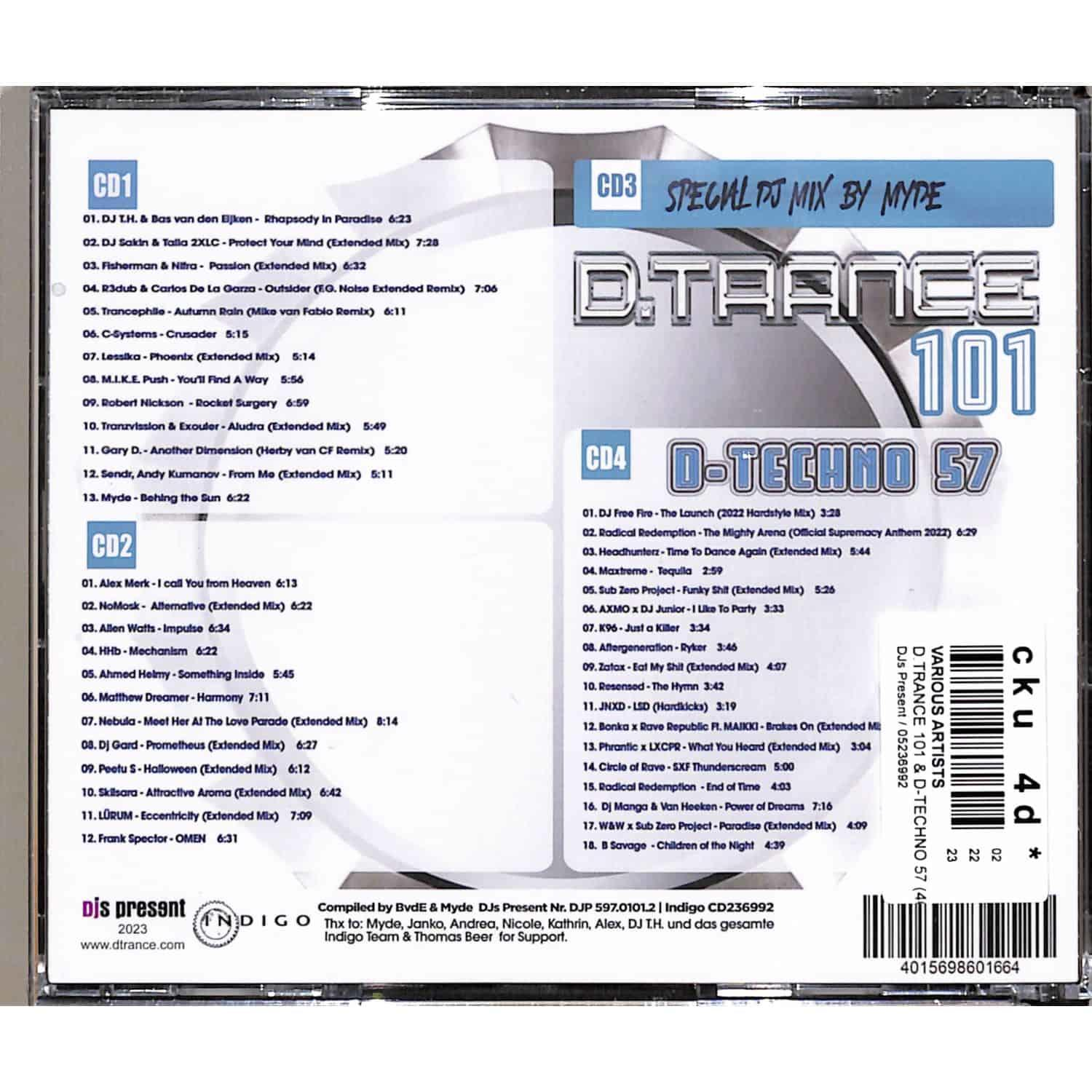 Albumcover mit Text für D-Trance 101 und CD1-CD4 mit Titellisten.