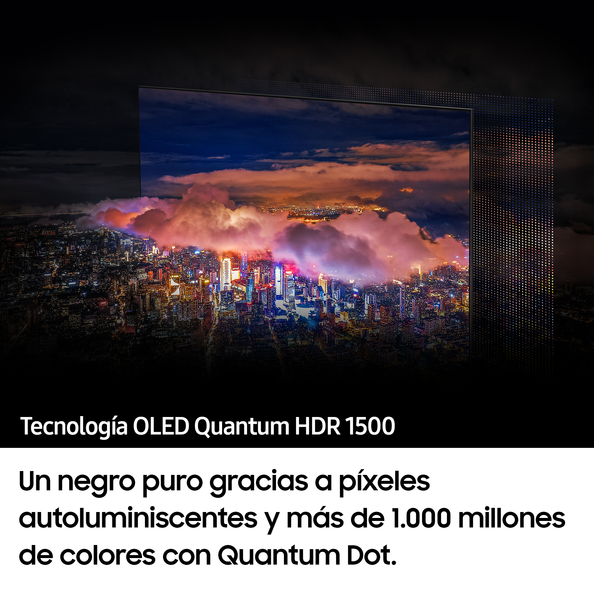 TV OLED mostrando una ciudad nocturna con luces de colores y texto descriptivo debajo.