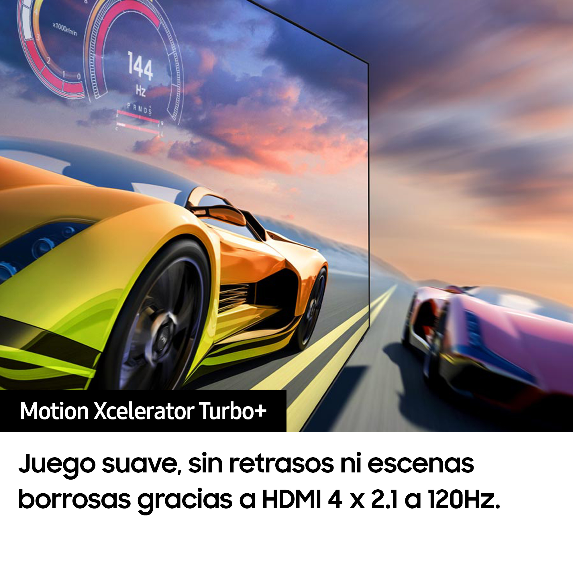 Una escena de carreras de coches en una pantalla con texto.