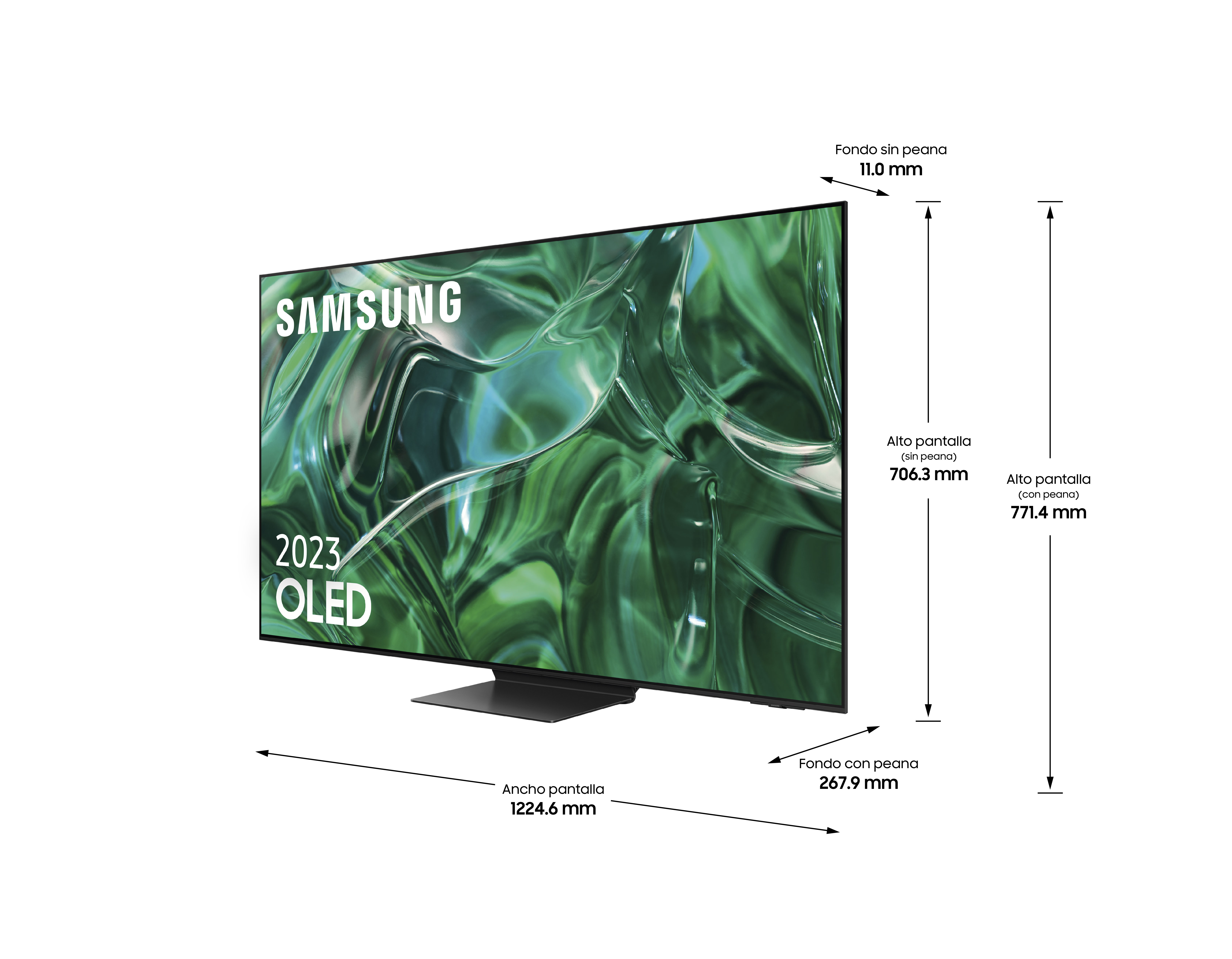 TV Samsung 2023 OLED con dimensiones, soporte negro, pantalla verde y negra.