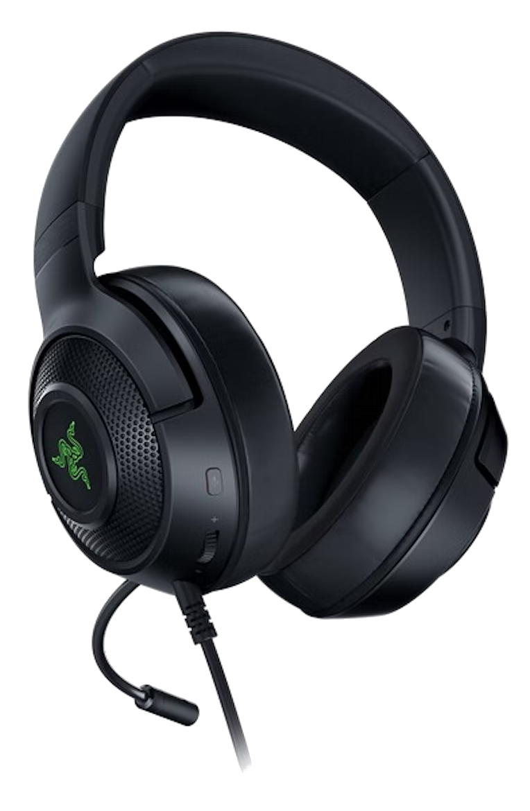 Fekete Razer gamer fejhallgató, oldalsó nézet, mikrofonnal.