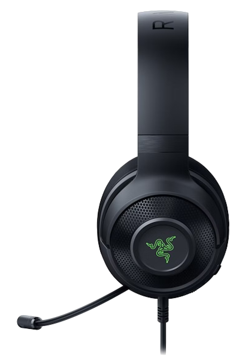 Fekete gaming headset mikrofonnal, Razer logóval a fülkagylón, fehér háttérrel.