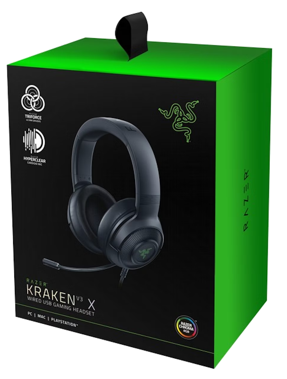 Doboz Razer Kraken V3 X vezetékes USB-s gamer fejhallgatóval. Zöld-fekete design.