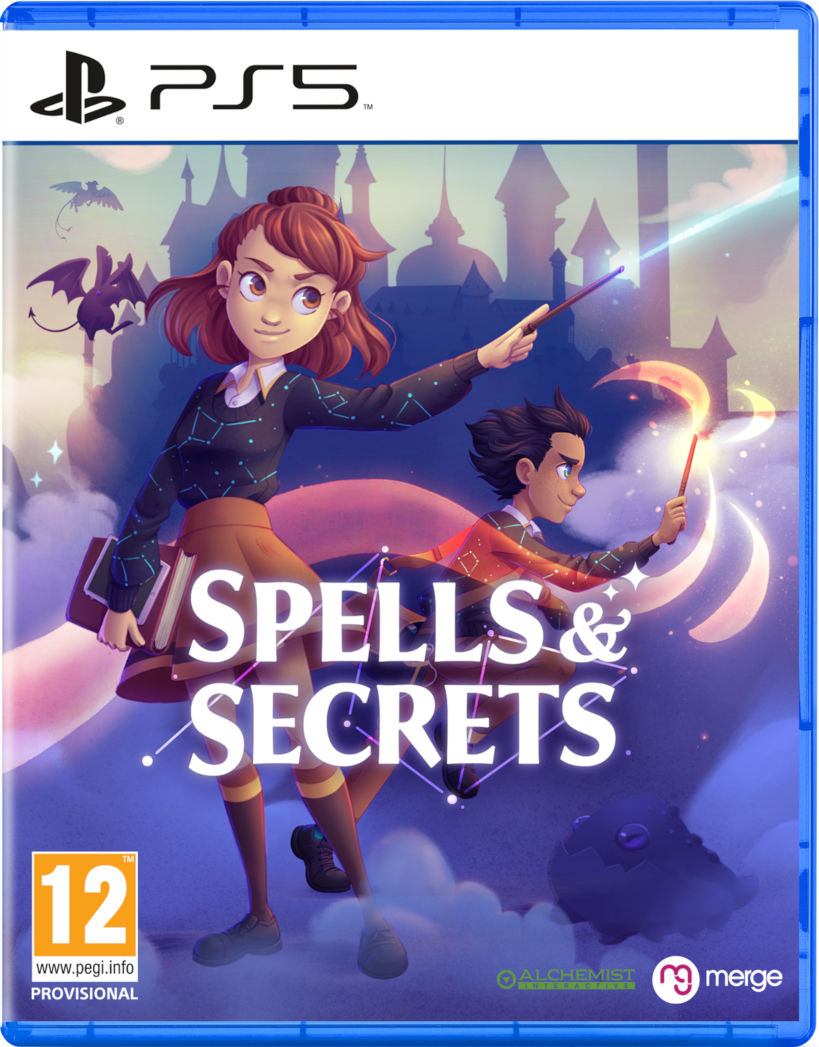 Jaquette de jeu PS5 avec deux enfants tenant des baguettes. Le jeu s'intitule 'Spells & Secrets'.