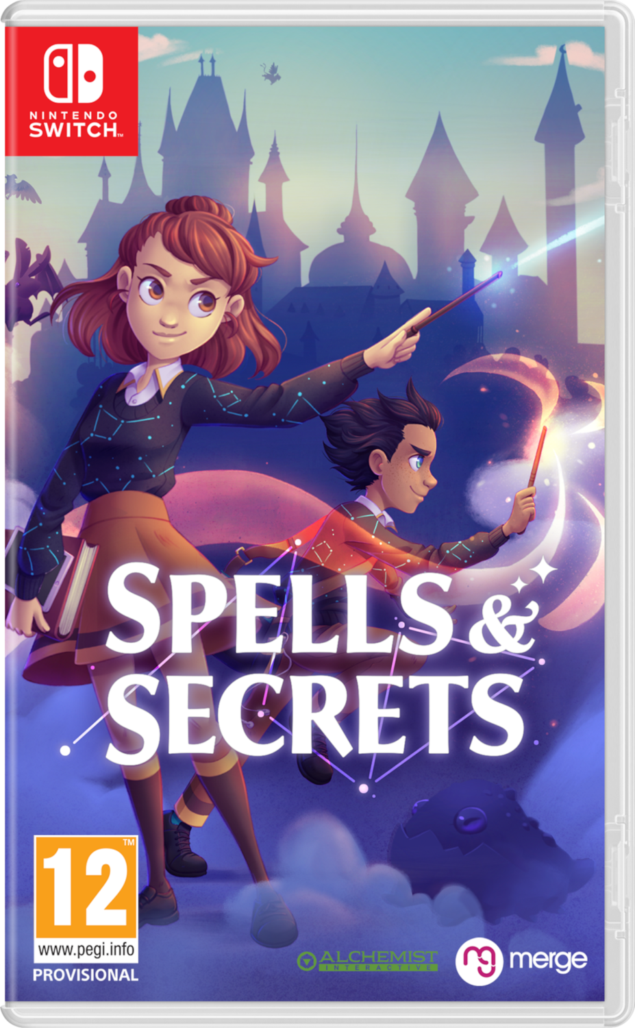 Boîtier de jeu Nintendo Switch, 'Spells & Secrets', avec deux personnages et un château.