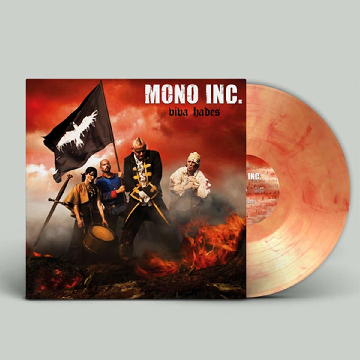 Albumcover der Band Mono Inc. Eine rot-orangefarbene Vinylplatte wird gezeigt.
