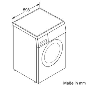 Isometrische Zeichnung einer Waschmaschine. Abmessungen sind angegeben.