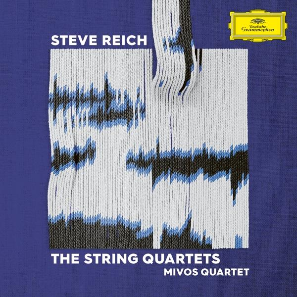 Album borító: absztrakt dizájn kék és fehér vonalakkal, Steve Reich szöveggel.