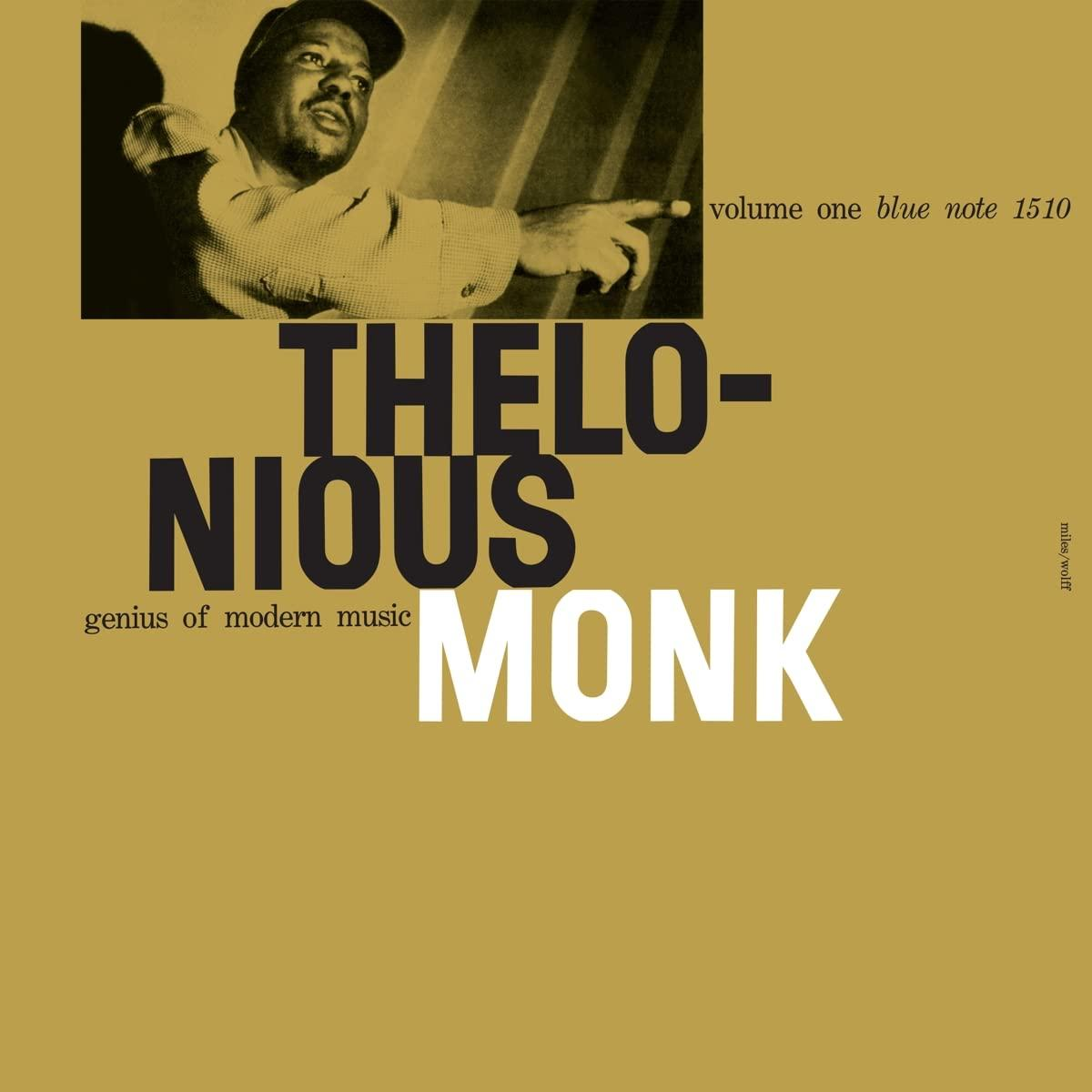 Album borító Thelonious Monk-kal és szöveggel. Sárga és fekete.