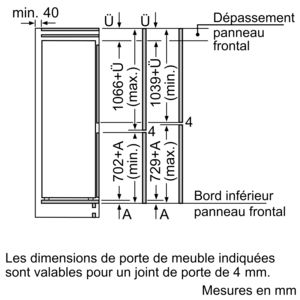 Dessin technique d'un réfrigérateur montrant les dimensions, avec des étiquettes en français.
