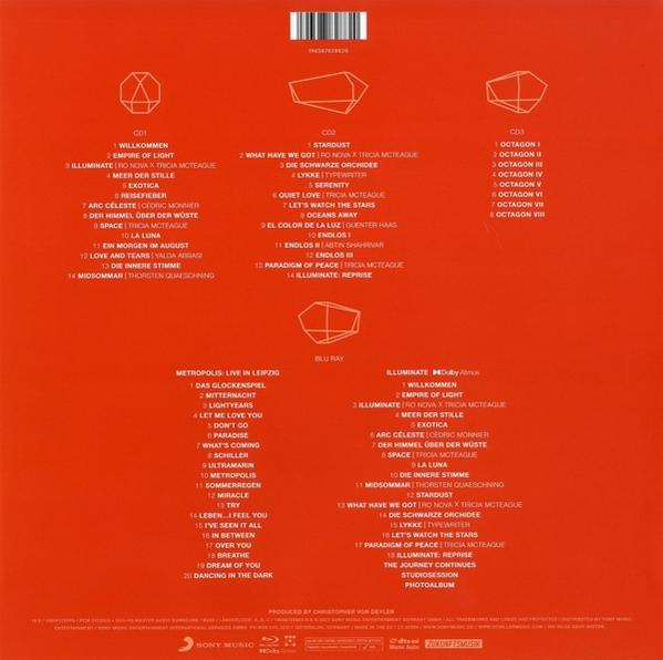 Rückseite eines CD-Sets mit Titellisten und Albumcover, mit verschiedenen geometrischen Formen und Text.