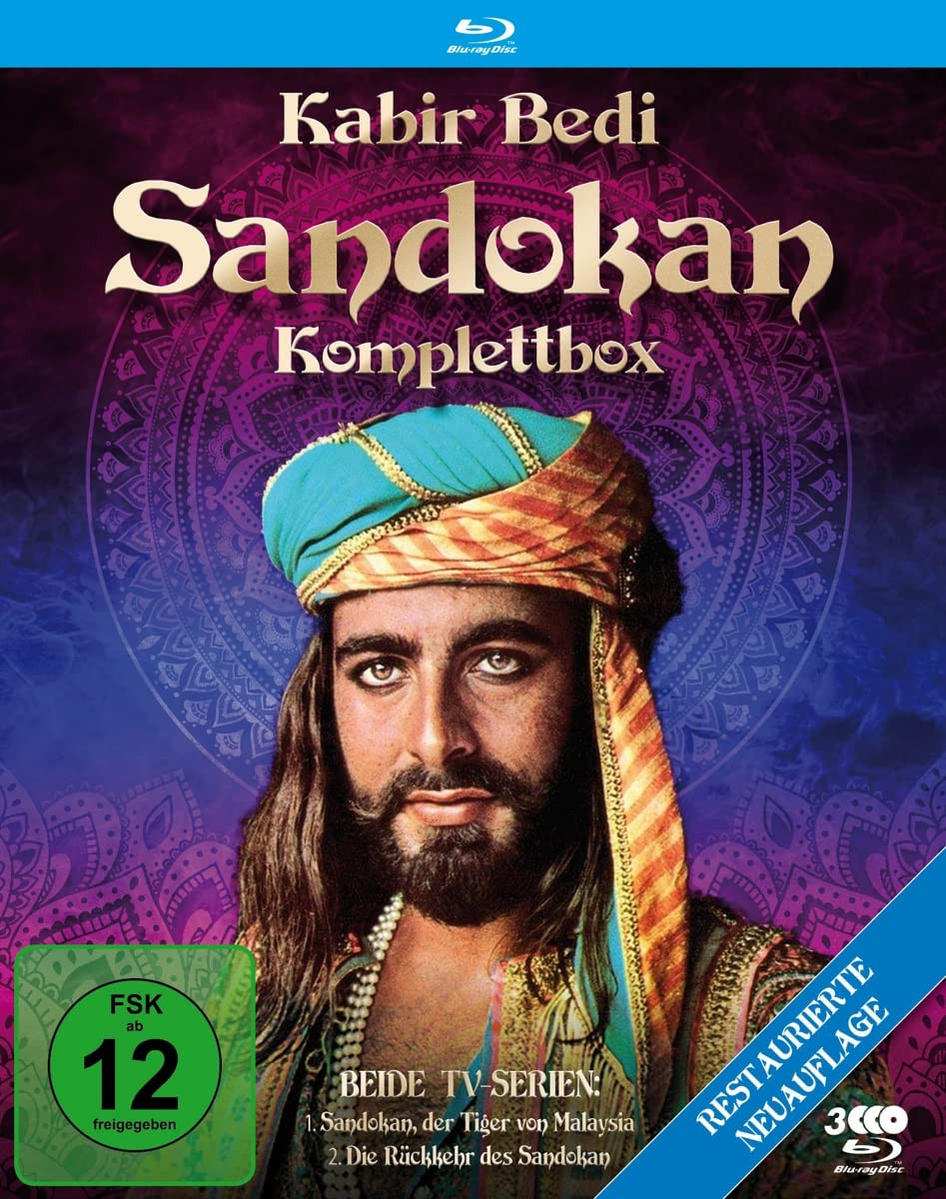 Sandokan DVD Box-Set. Ein Mann mit Turban ist auf dem Cover. Lila Hintergrund.