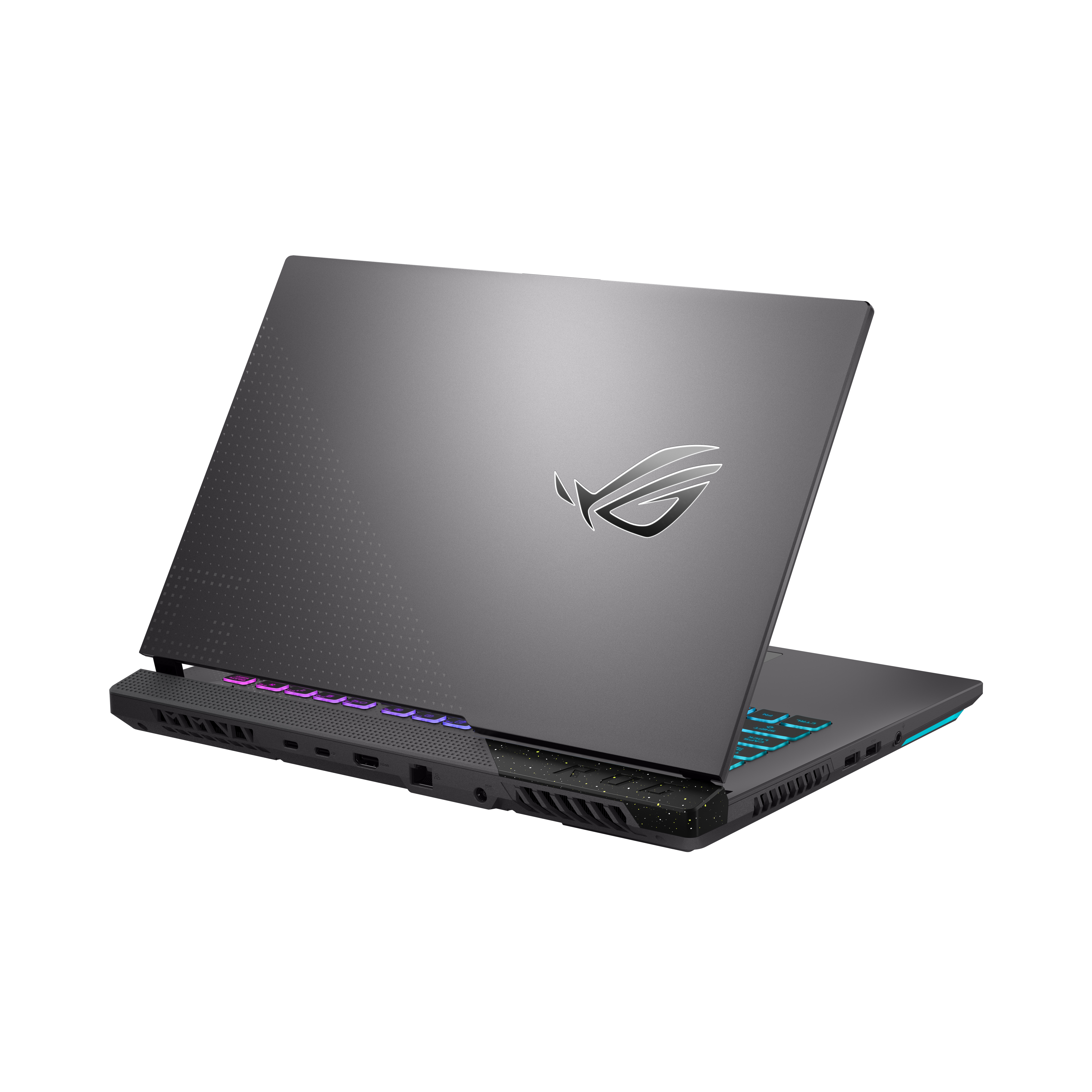 Ordenador portátil gris oscuro, ligeramente abierto, con el logotipo ROG en la tapa.