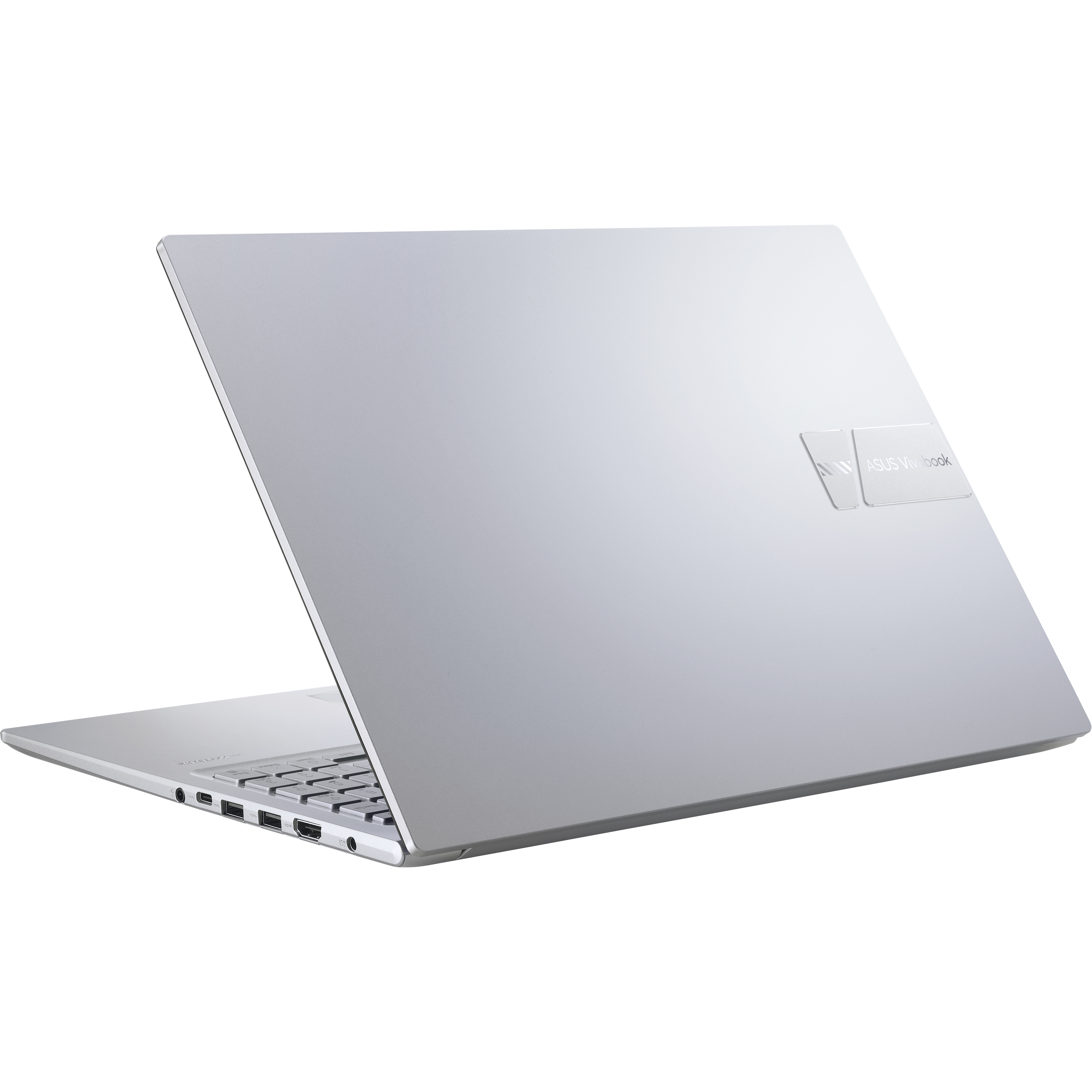 Un portátil plateado, cerrado, con el logotipo de ASUS Vivobook en la parte trasera.
