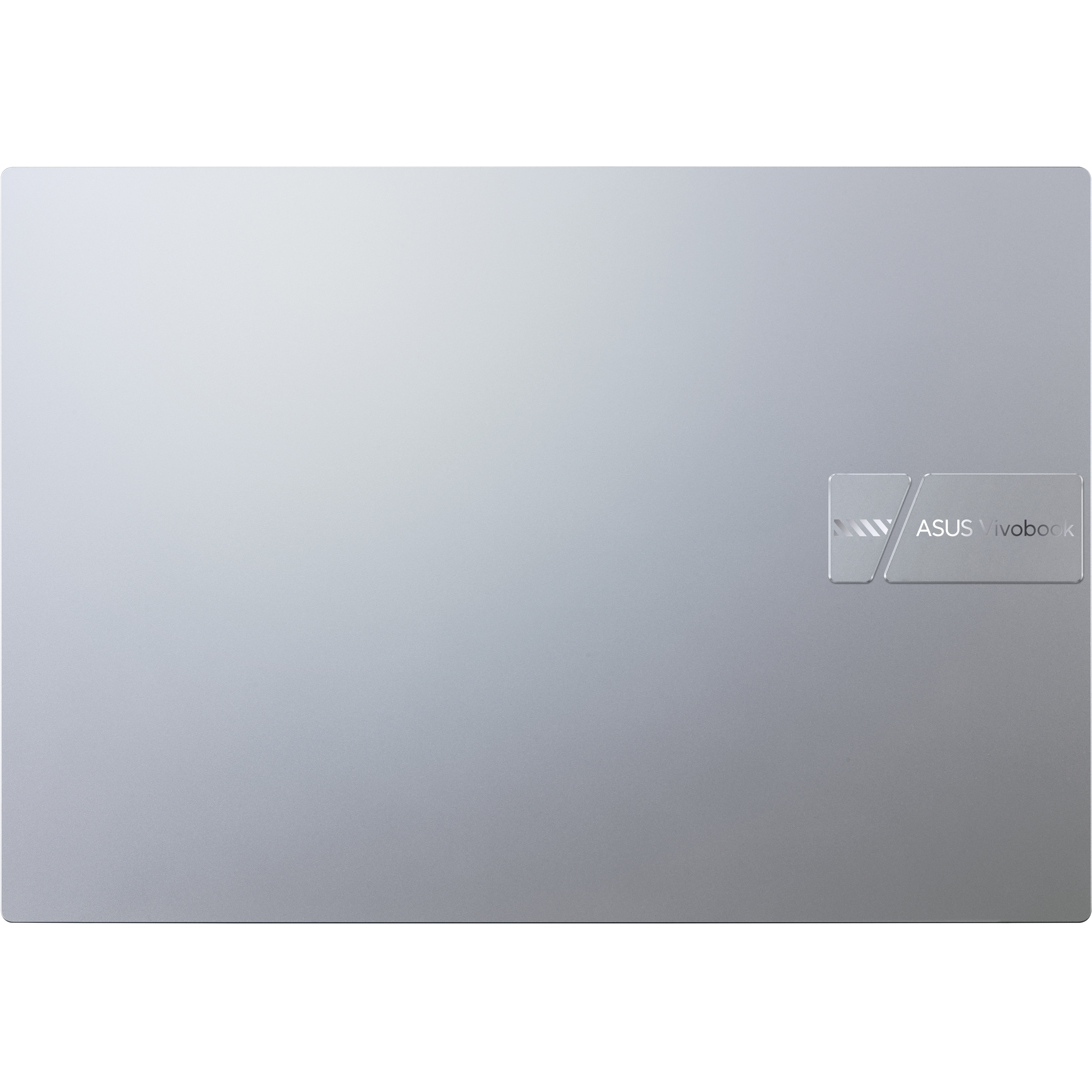Ordenador portátil plateado cerrado con el logotipo de ASUS Vivobook. El fondo es de color gris claro.