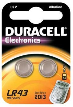 Eine Packung Duracell Electronics LR43 Batterien, mit einem Bild der Batterien und eines Rechners.