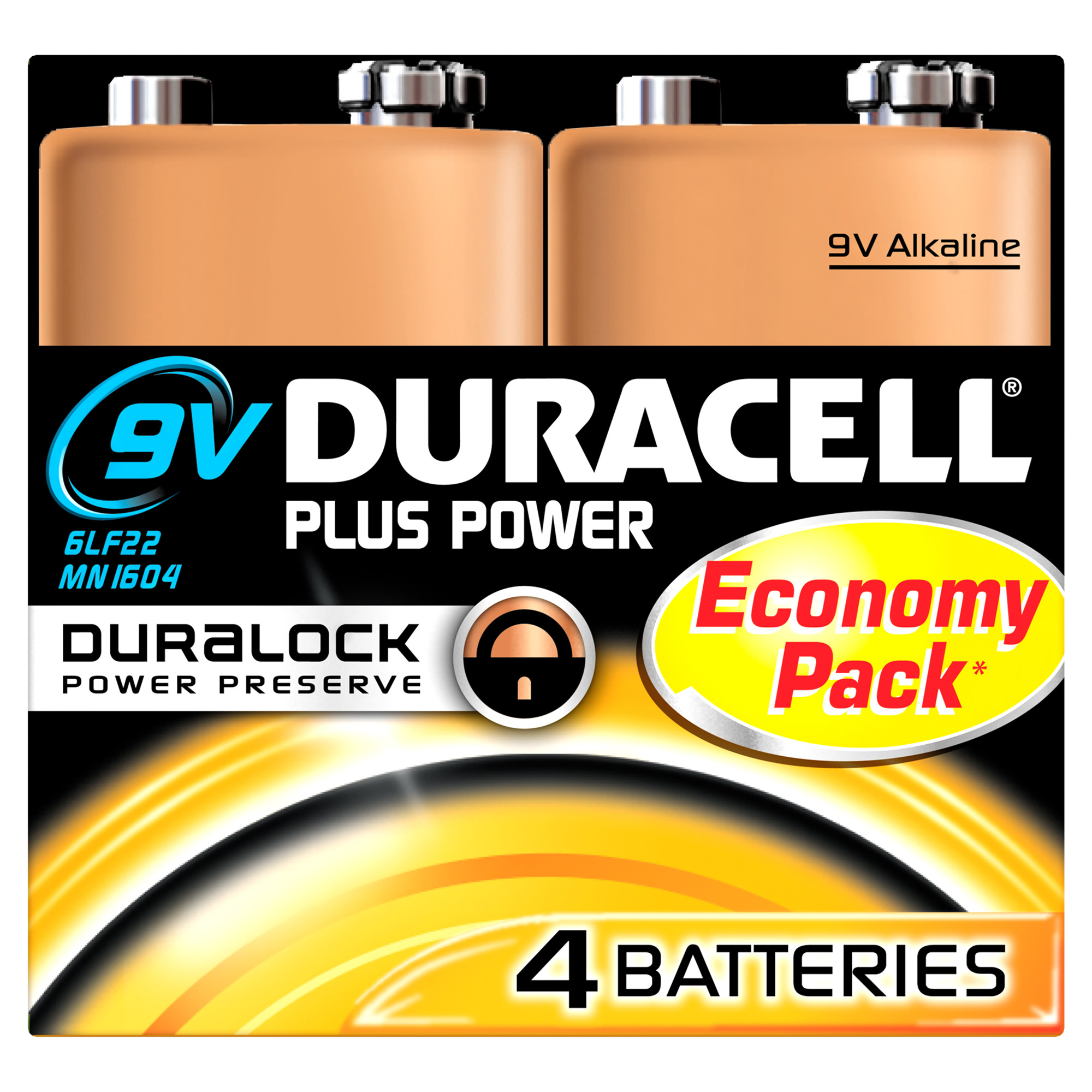 Duracell-Batteriepack mit vier 9V-Batterien, 'Economy Pack'.