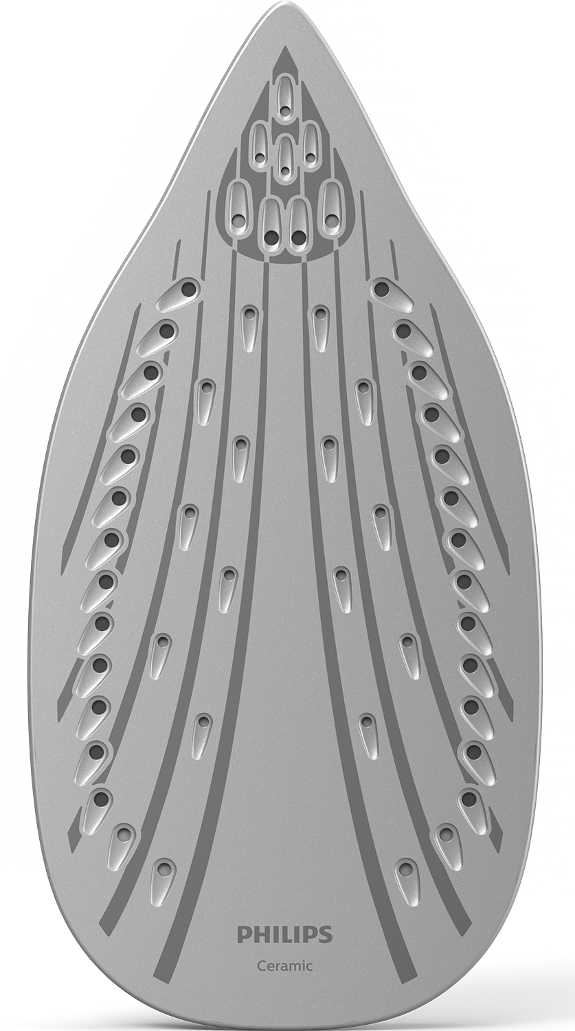 Close up of a gray iron soleplate, with the Philips and Ceramic logos.