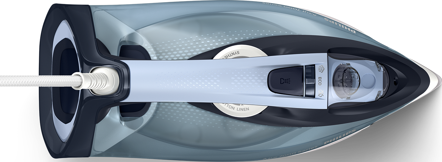 An iron in top view. It is gray and blue. The iron cord is on the left.