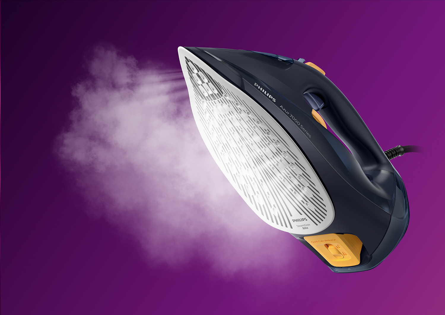 Black iron with steam. The iron is on a purple background.