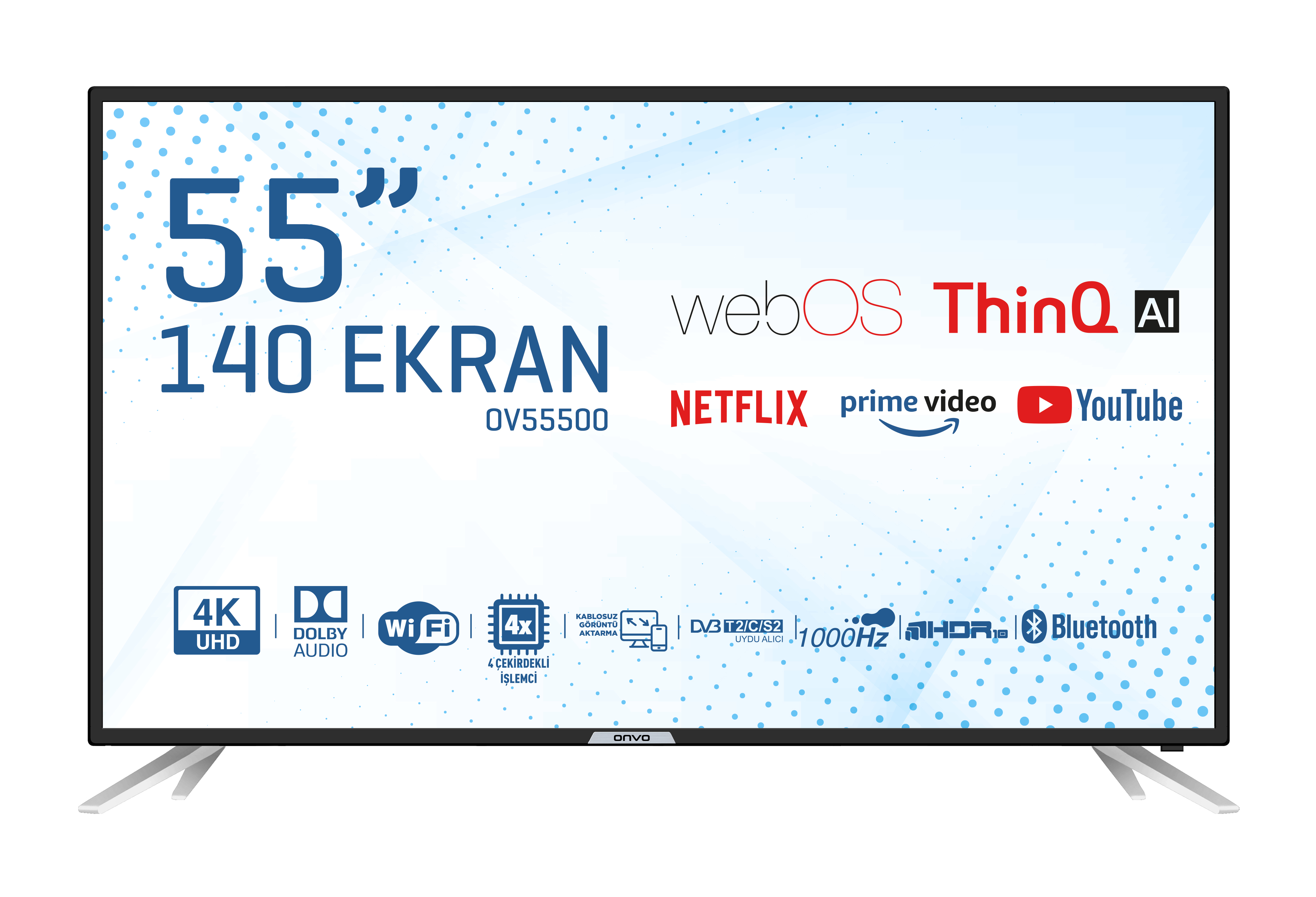 Netflix, Prime Video ve YouTube logoları içeren, grafikler gösteren 55 inç TV.