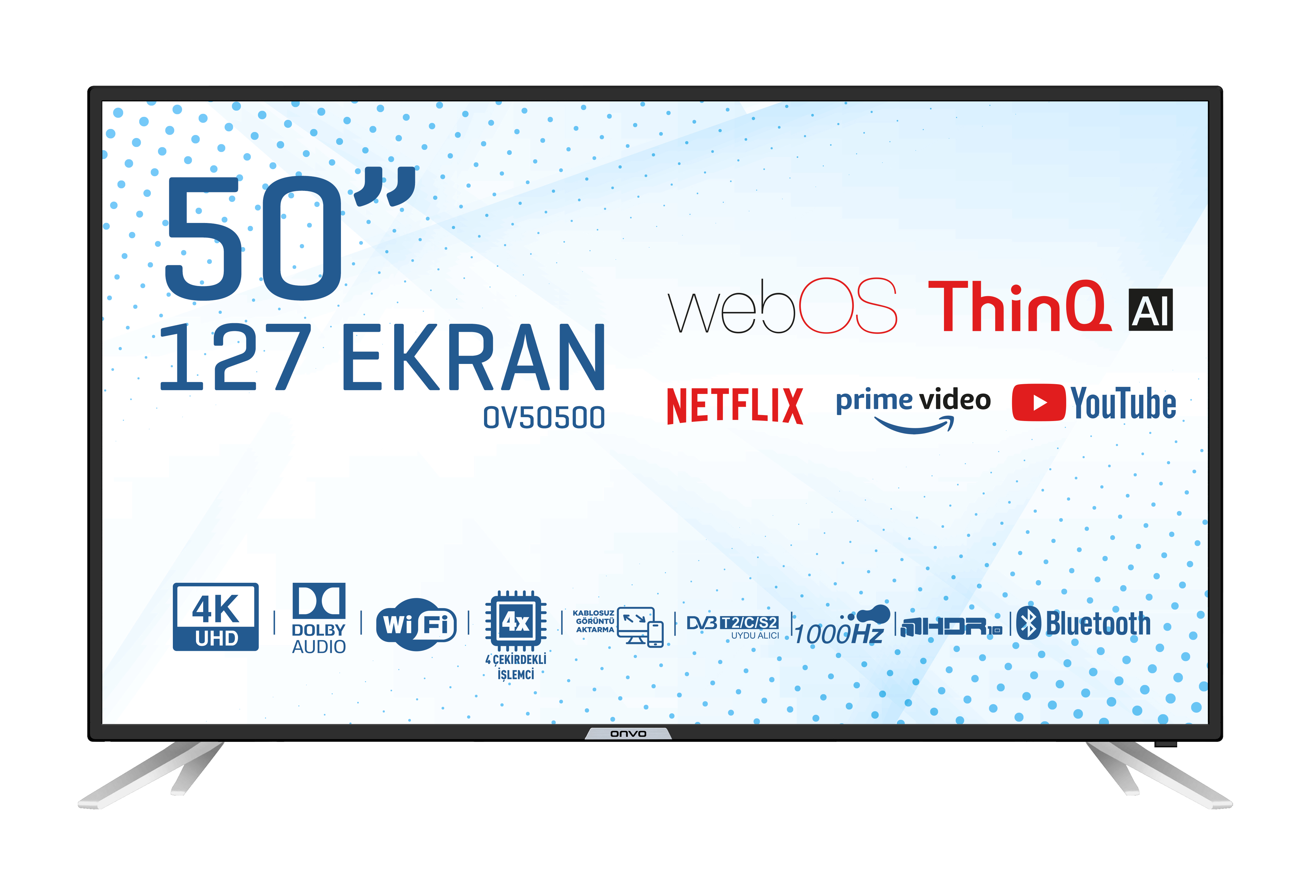 Siyah bir arka plan üzerinde metin, simgeler ve logolar içeren büyük düz ekran TV.