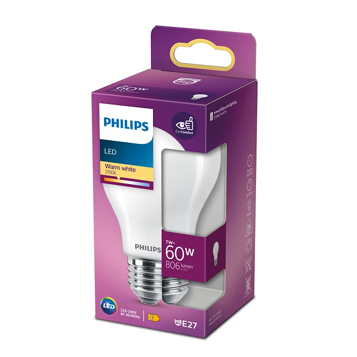 Philips LED-Glühbirne in einer lila Schachtel mit Produktinformationen.