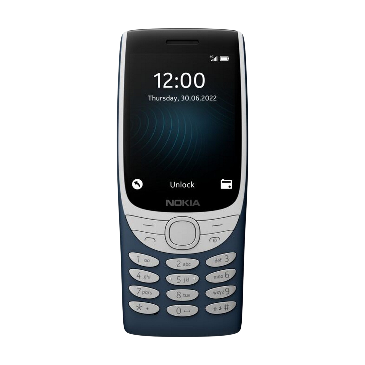 Nokia telefoon, marineblauw, met een scherm dat tijd en datum toont.