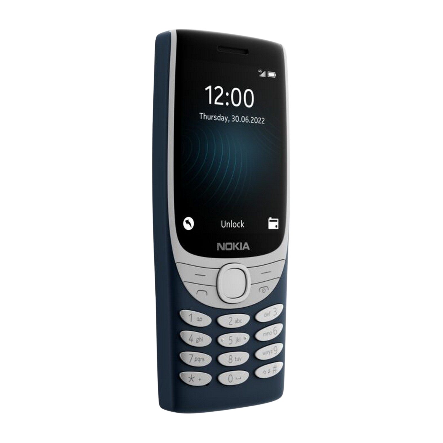 Blauwe Nokia telefoon. Zwart scherm toont tijd en datum. Zilveren knoppen en toetsenbord.