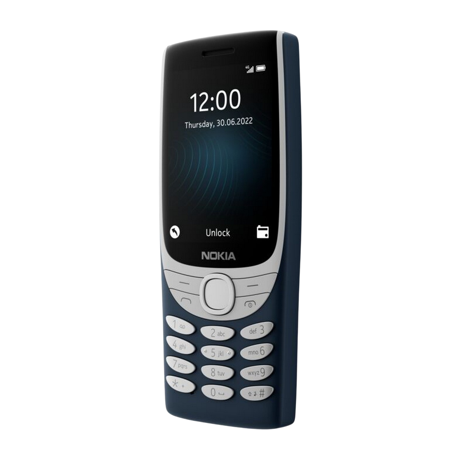 Een blauwe Nokia-telefoon met een scherm waarop de tijd wordt weergegeven. Het heeft knoppen en een klein scherm.