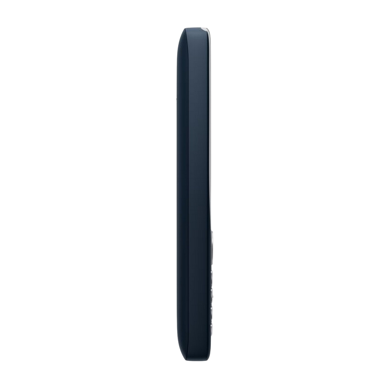 Donkerblauwe telefoon, zijaanzicht, met een zwarte achtergrond.