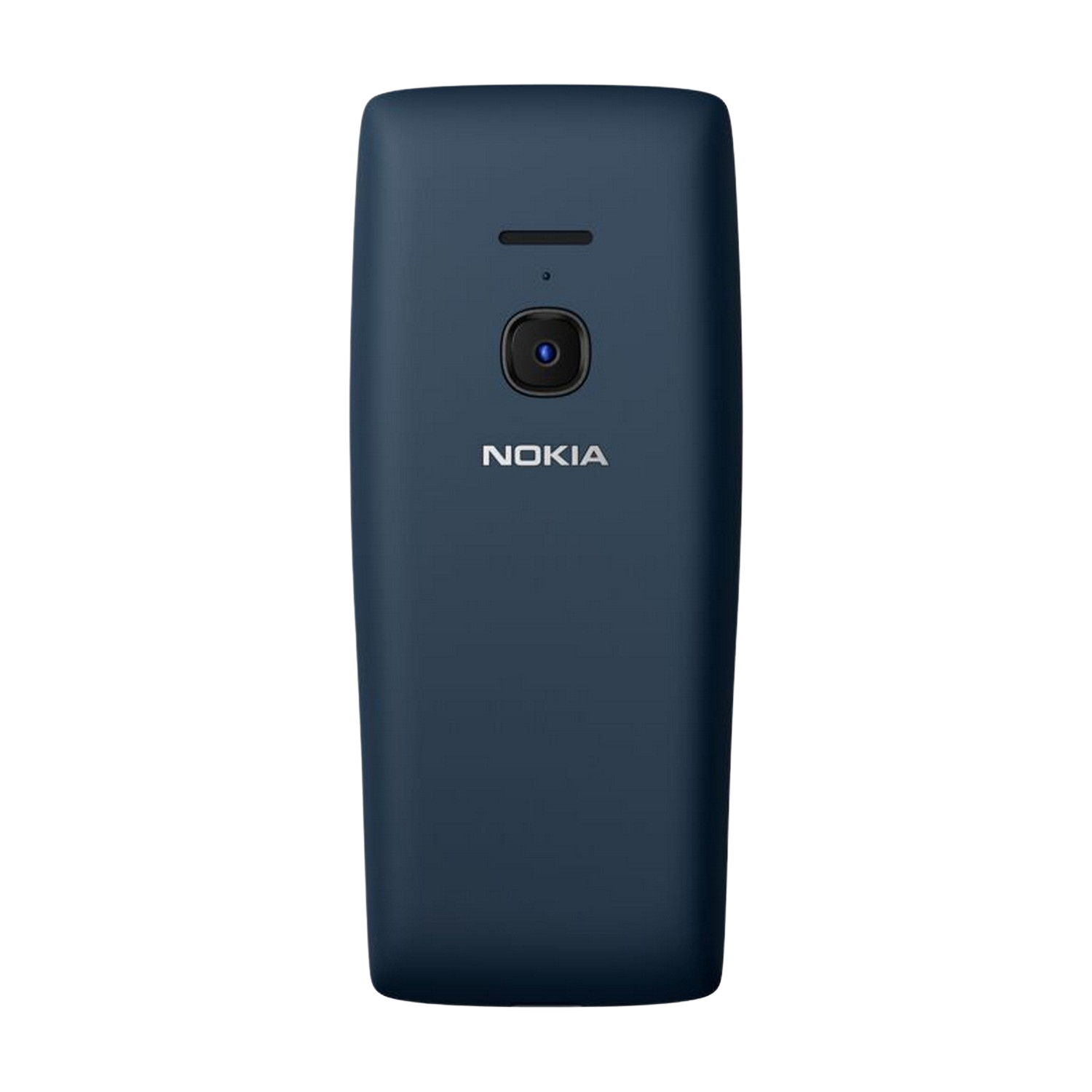Nokia-telefoon in donkerblauw, zwarte achtergrond. Camera en flitser bovenaan. Strak, eenvoudig ontwerp.