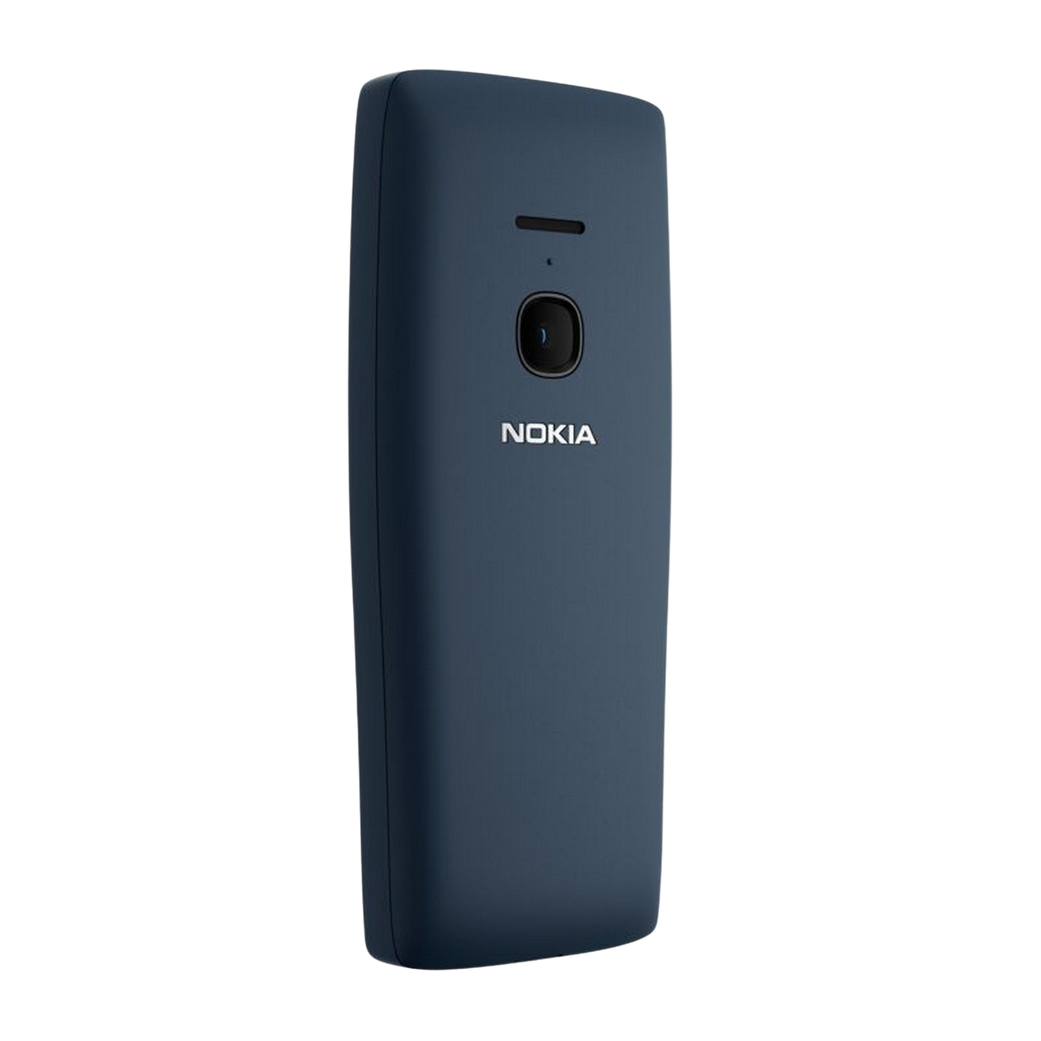 Een blauwe Nokia telefoon met camera en klein scherm, de telefoon is naar links gekanteld.