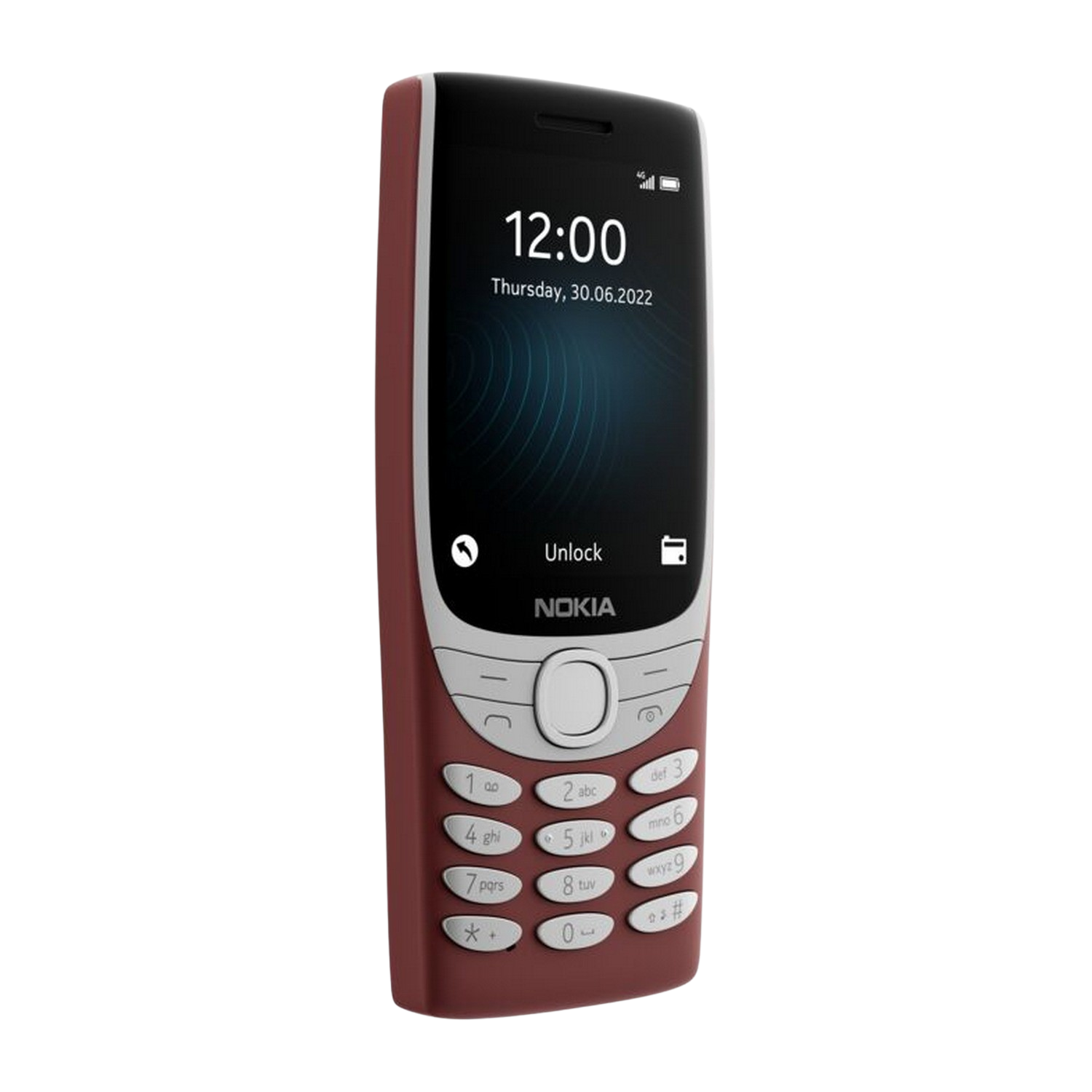 Een rode Nokia-telefoon met een klein scherm dat de tijd weergeeft.