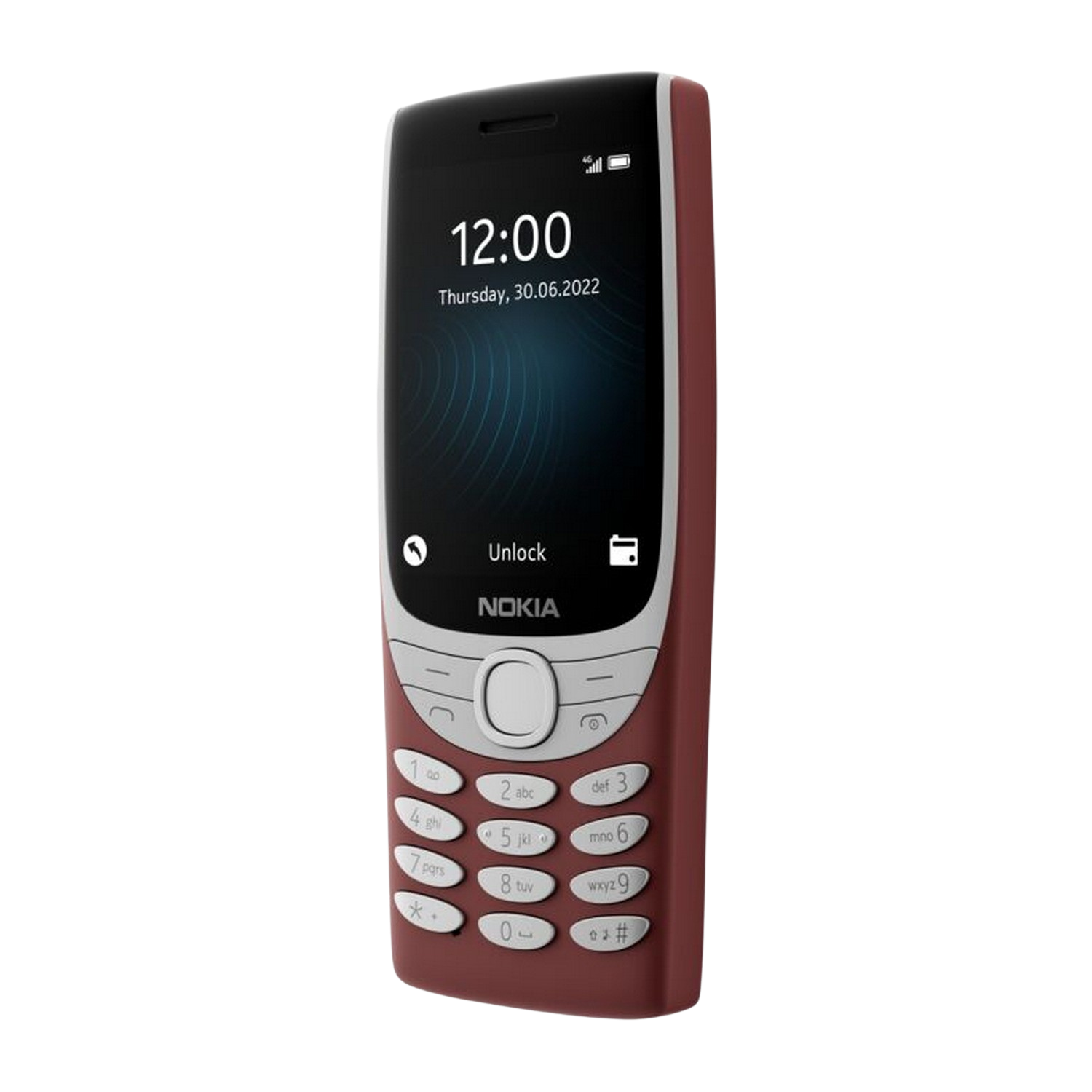 Een bordeauxrode Nokia-telefoon toont de tijd, datum en een 'ontgrendelen'-prompt.