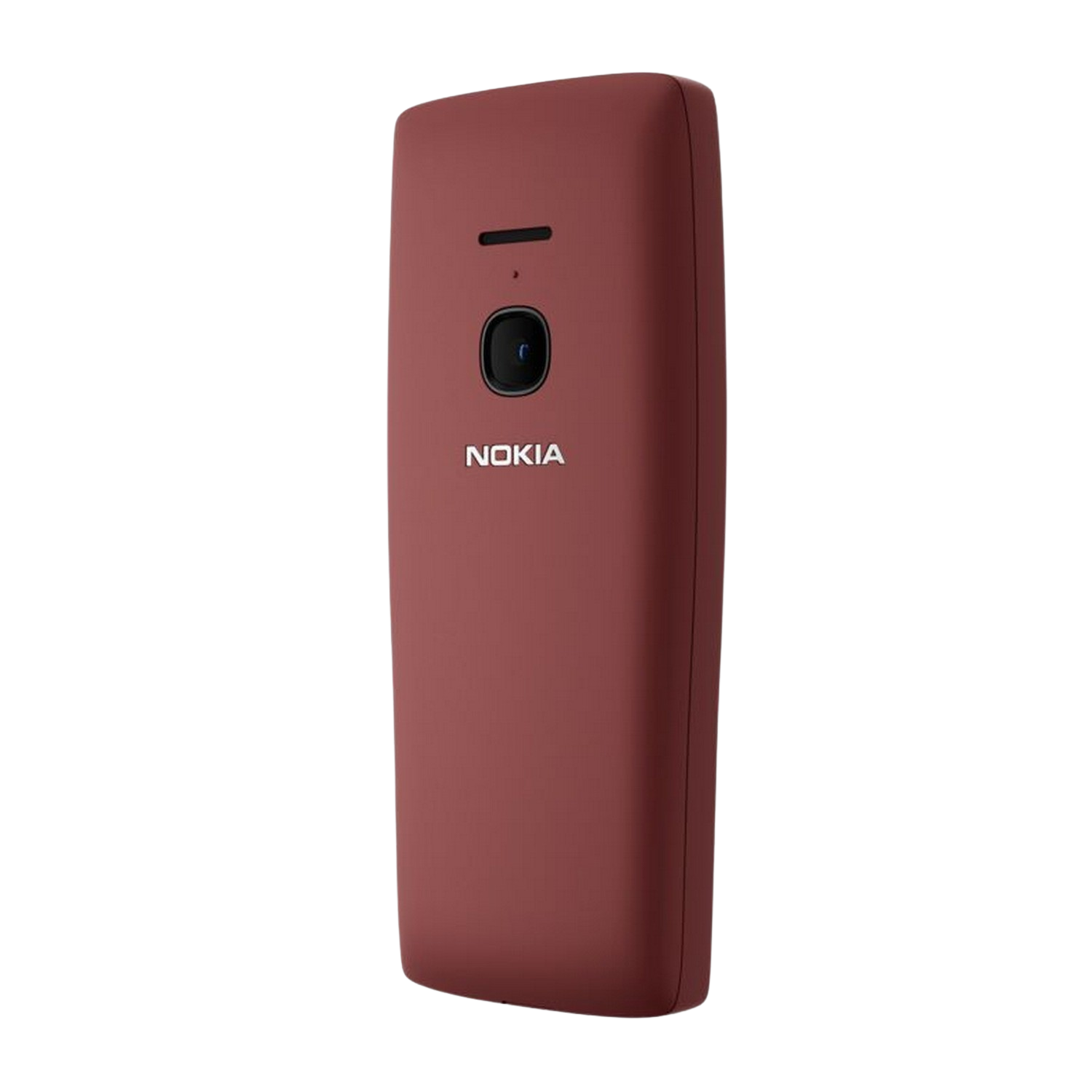 Een rode Nokia-telefoon. De telefoon heeft een cameralens en het Nokia-logo.