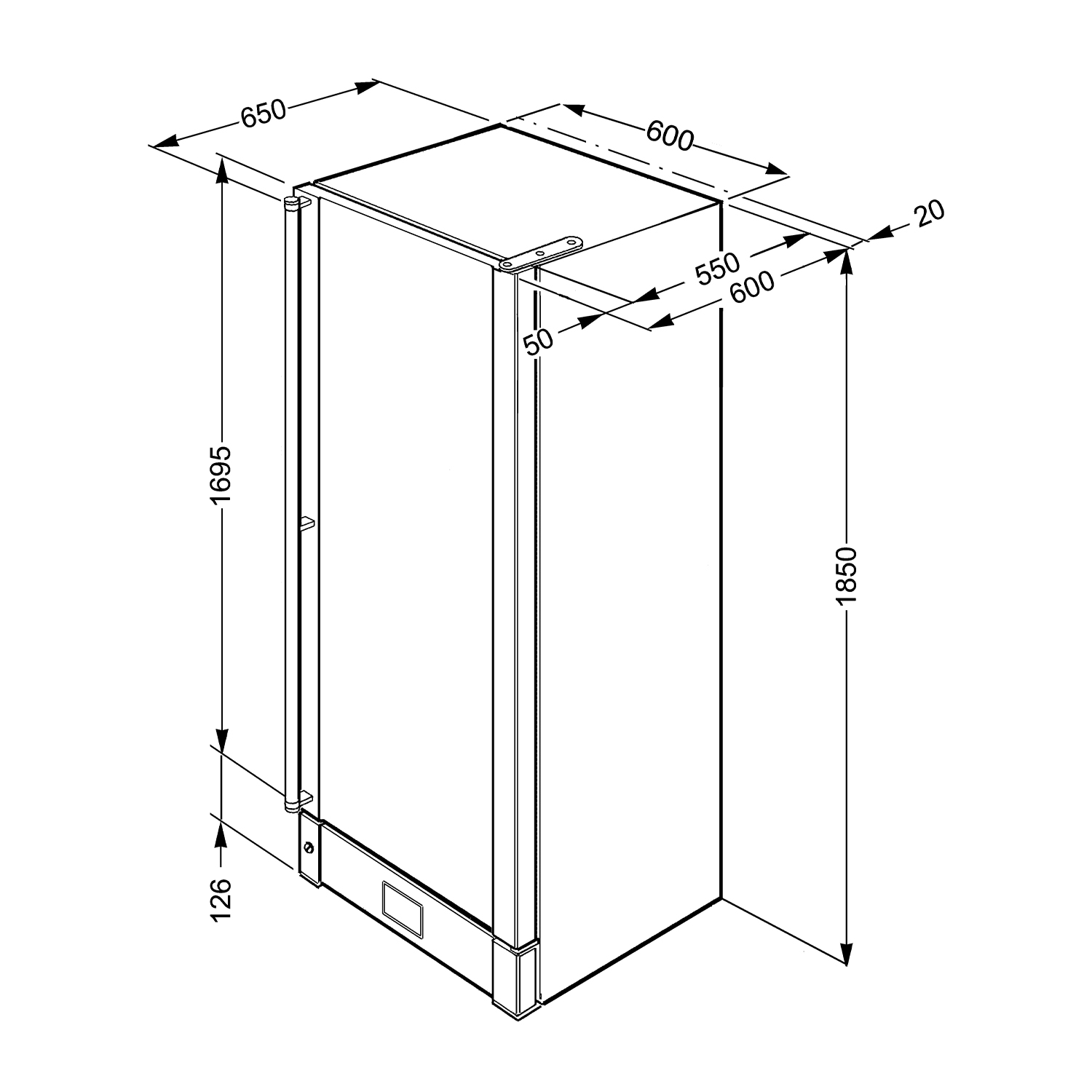 Disegno tecnico di un frigorifero con dimensioni e annotazioni.