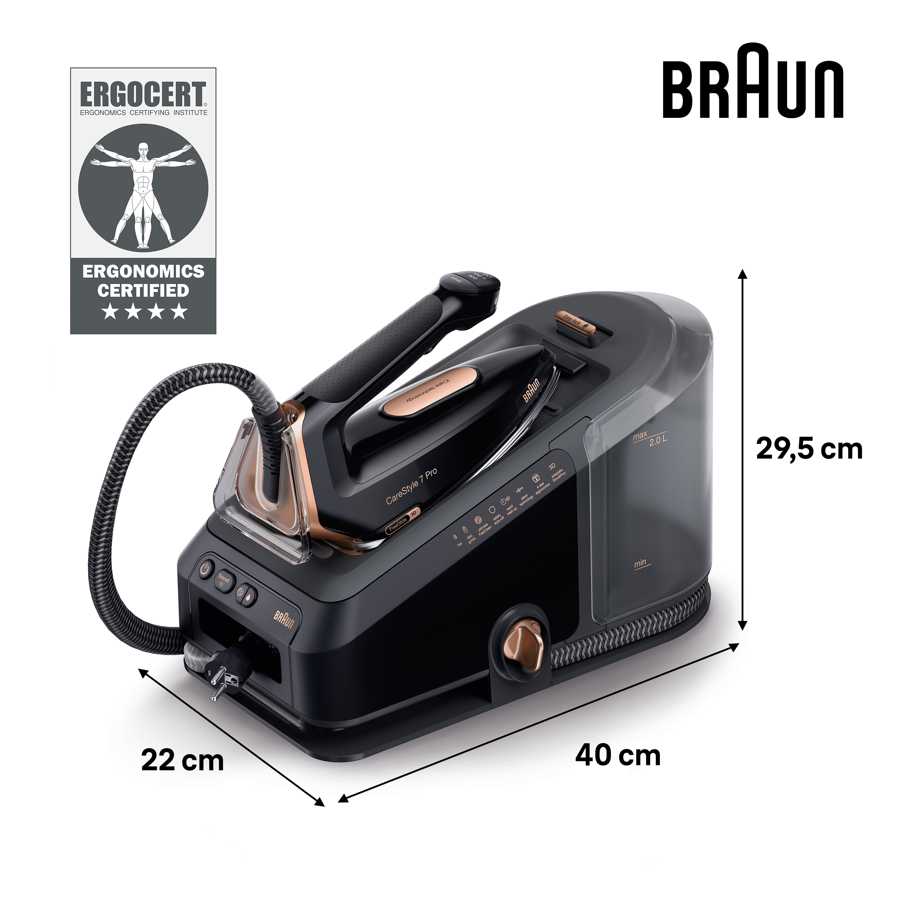 Plancha Braun negra y dorada con dimensiones, logo y etiqueta de certificación.