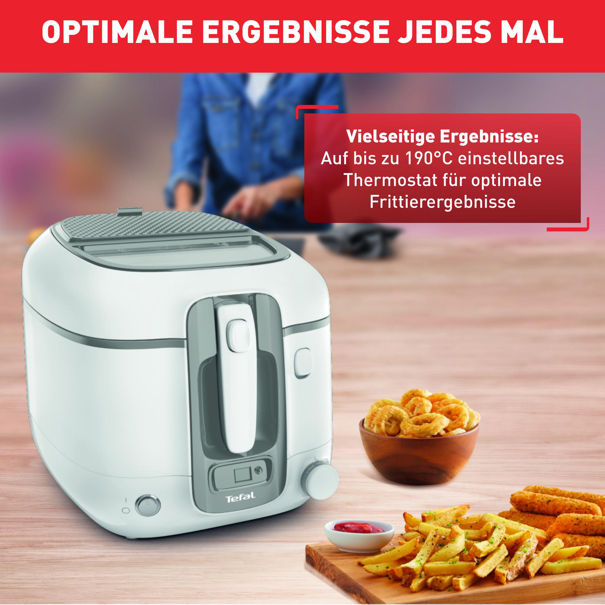 Weißer Fritteuse mit Pommes und Essen. Text: „Optimale Ergebnisse jedes Mal“.