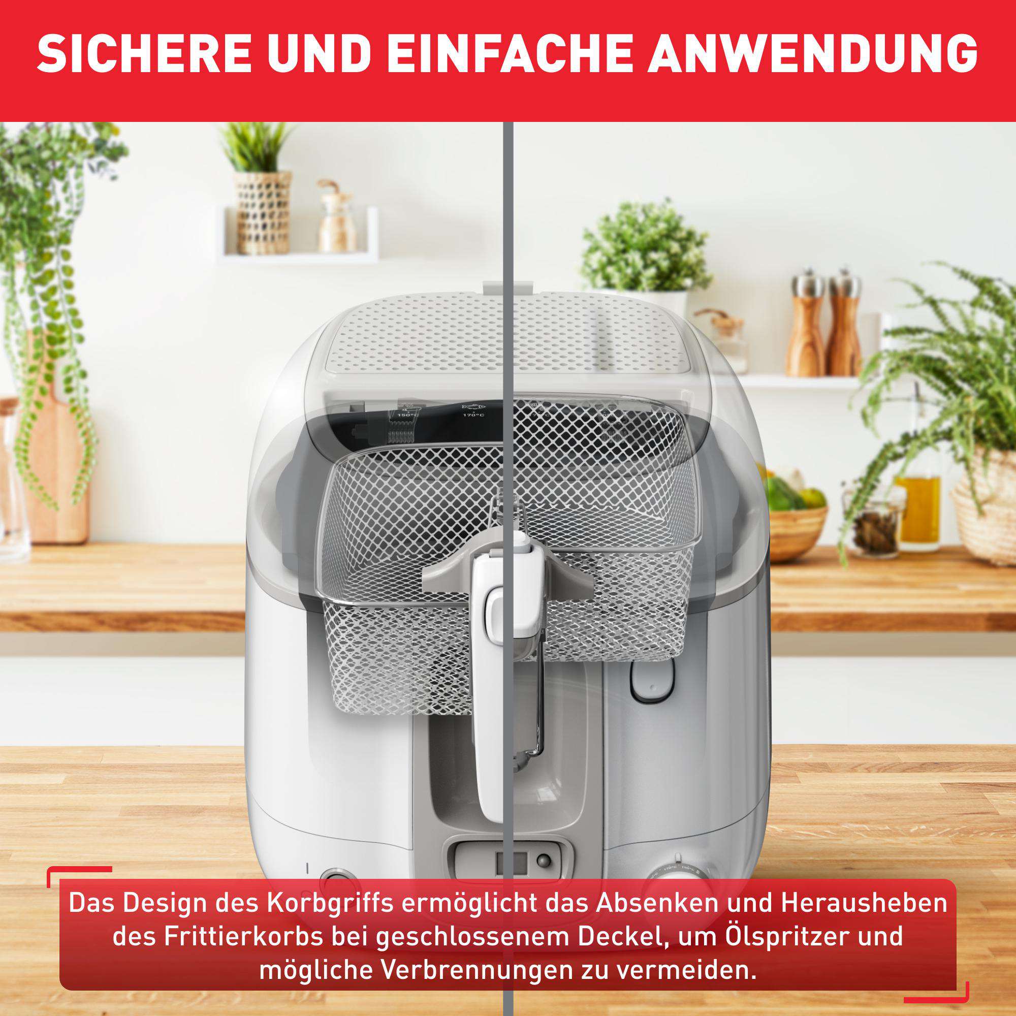 Nahaufnahme einer weißen Fritteuse mit einem silbernen Korb im Inneren. Der Deckel ist transparent.