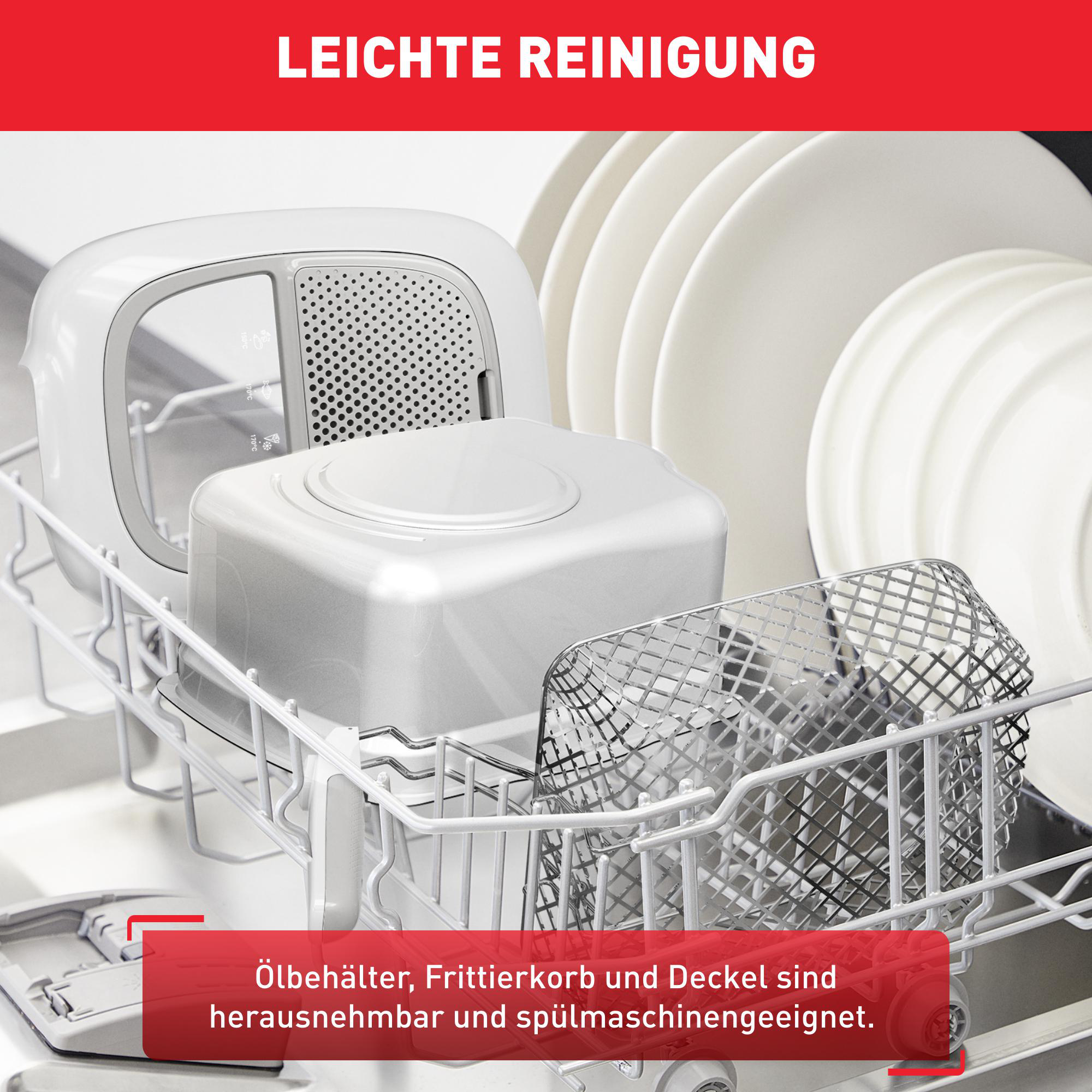 Geschirrspülteile: Frittierkorb und weißer Behälter, Text: Herausnehmbar, spülmaschinengeeignet.