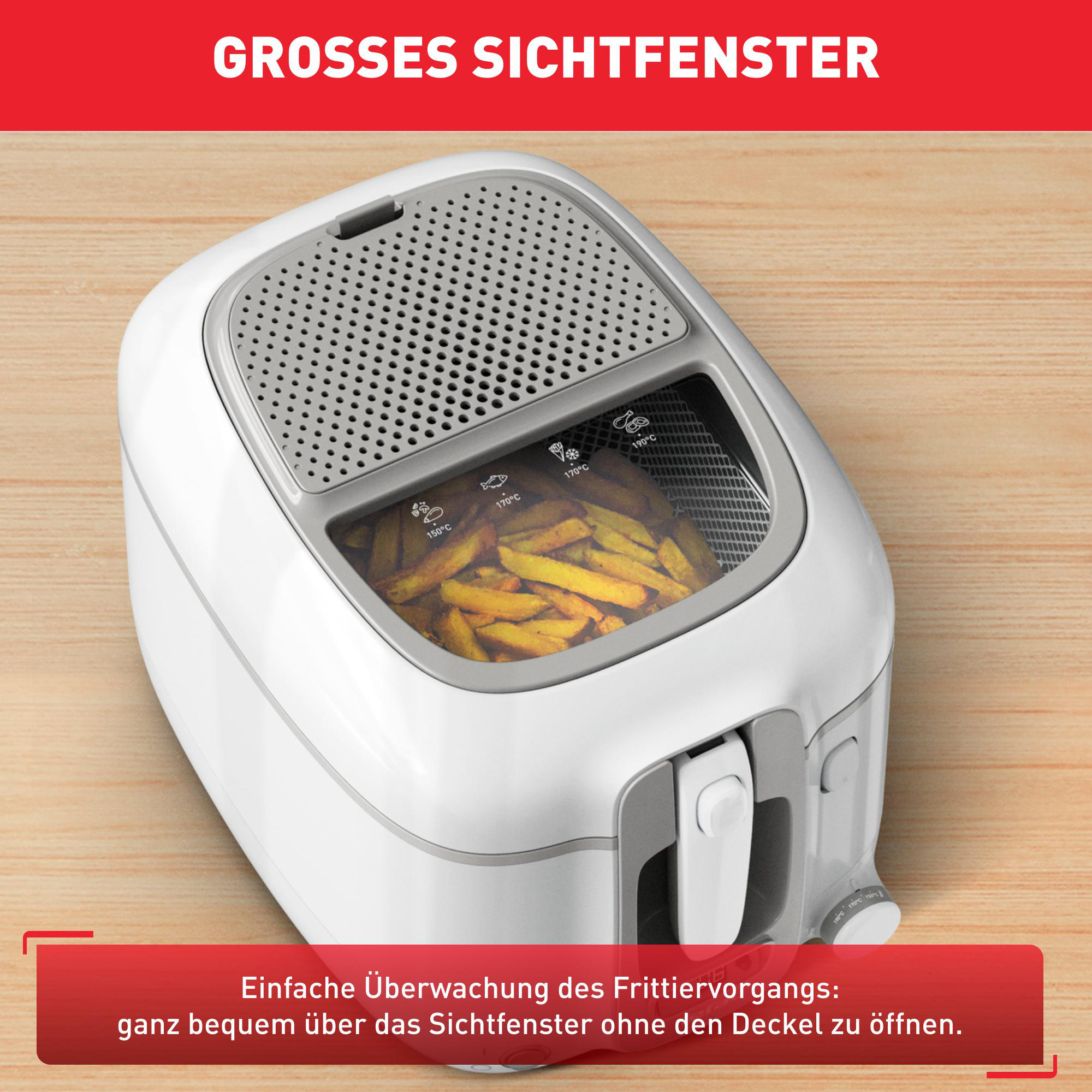 Weiß-graue Fritteuse mit Pommes und Text, die eine klare Sicht anzeigt.